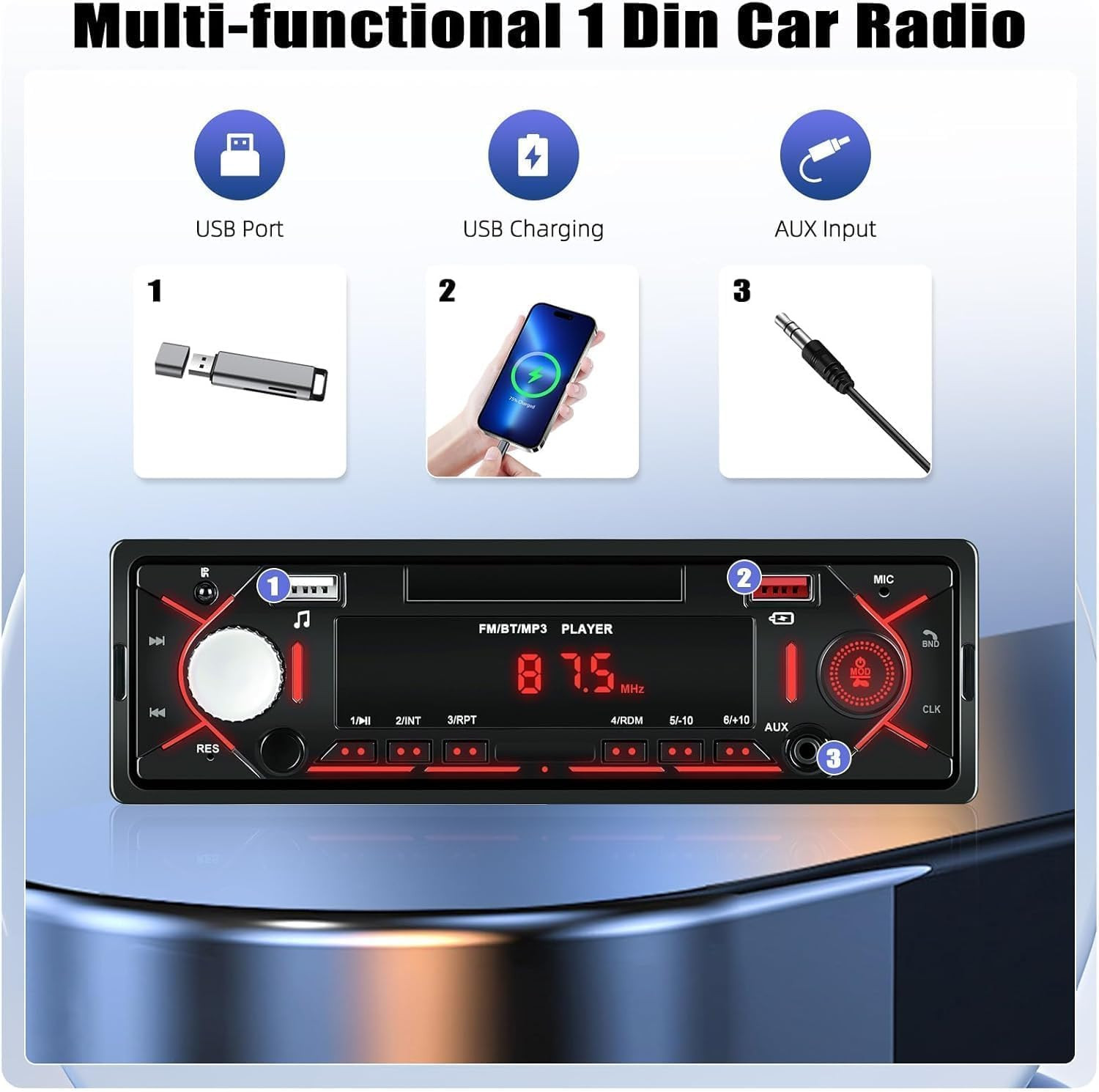 Single DIN Car Stereo Bluetooth FM MP3 USB SD AUX Multimedia Player Radio