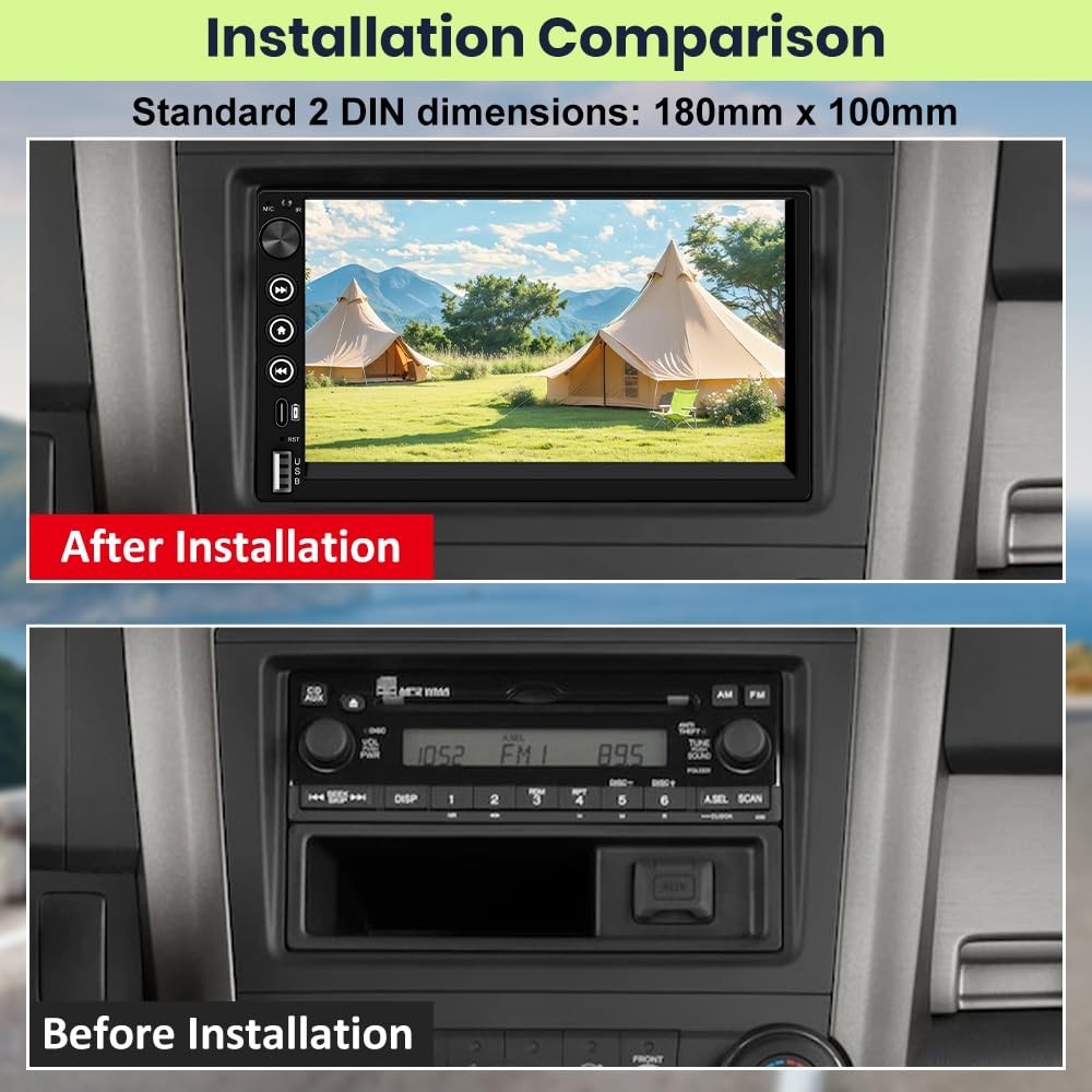 7″ Double Din Car Stereo – Wireless CarPlay, Android Auto, Bluetooth, Touchscree
