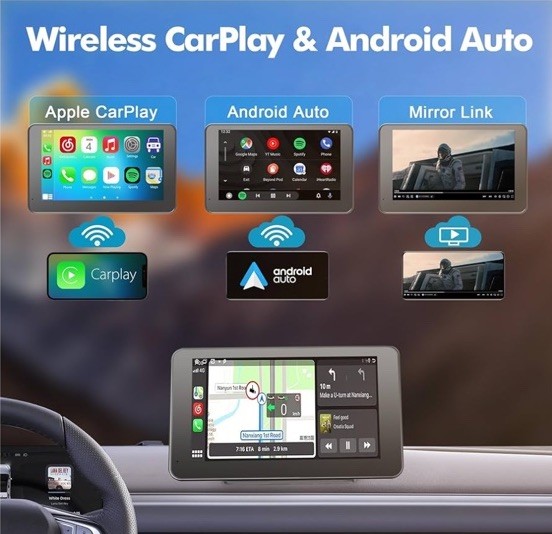Hieha Wireless Carplay 7″ HD Portable Touchscreen Car Stereo w/Apple & Android