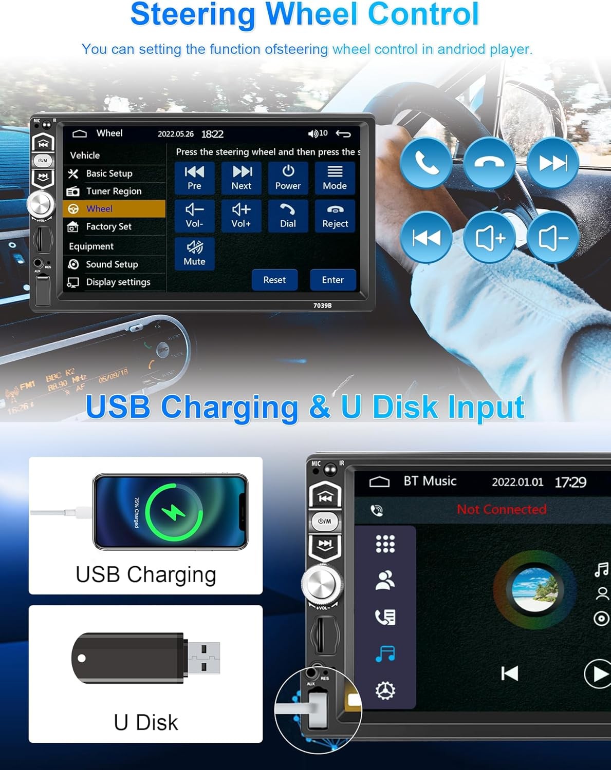 7″ Single 1 Din Touch Screen Car Stereo Bluetooth Radio Apple/Android Carplay BT