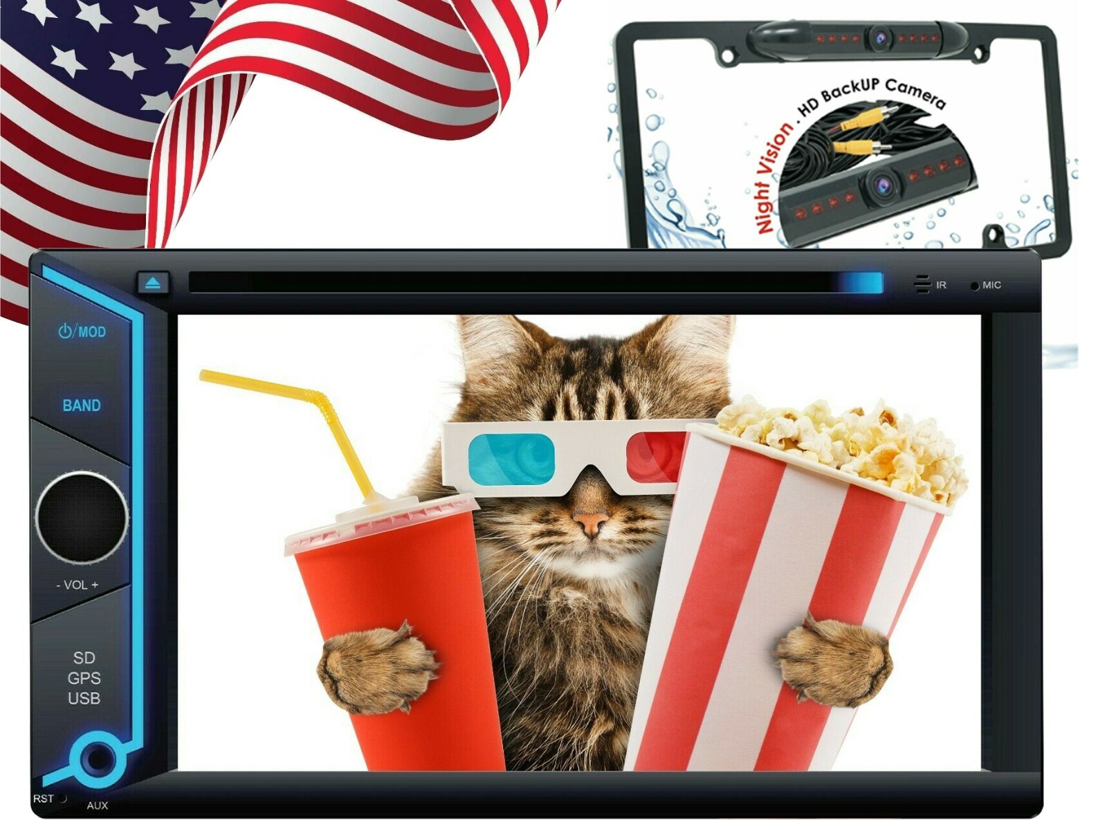 200W 6.2″ Touch Screen Mirror Link GPS For Android & IOS +License Plate Rear Cam