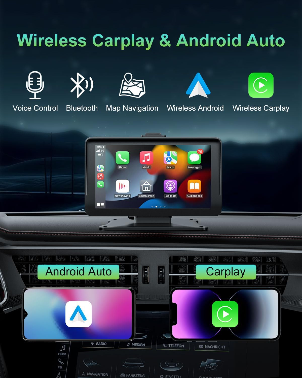 Carplay Screen for Car, 7″ HD Portable Wireless Carplay & Android Auto