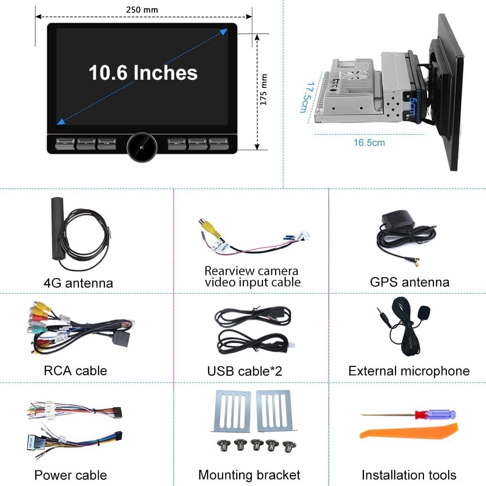10.4″ Single 1DIN Wireless Apple CarPlay Car Stereo Rotatable Touch Screen Radio