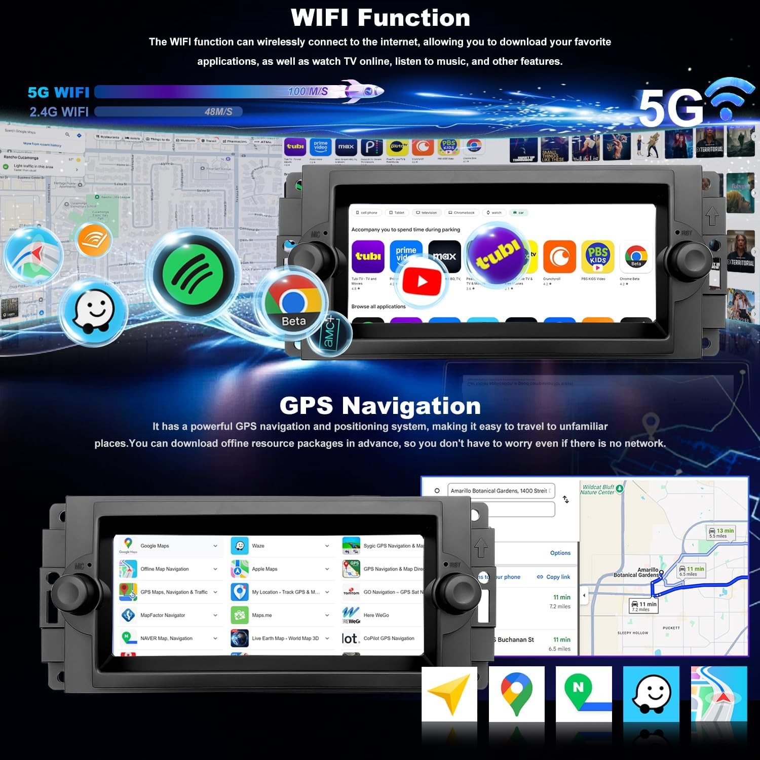 6.8″ Touchscreen Wireless Carplay Android Stereo for Jeep Wrangler, Dodge Ram