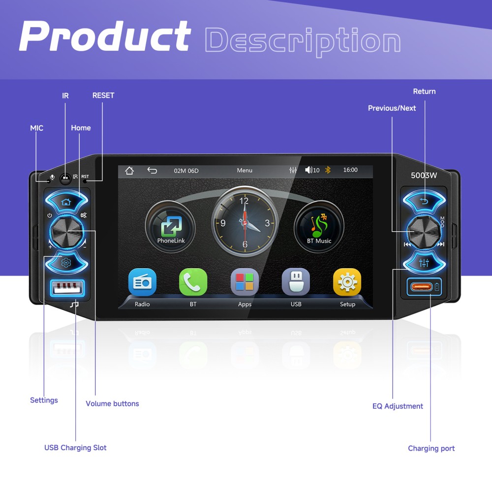 5″ Single 1Din Car Stereo Radio USB BT Wireless Android auto Carplay BT + Camera