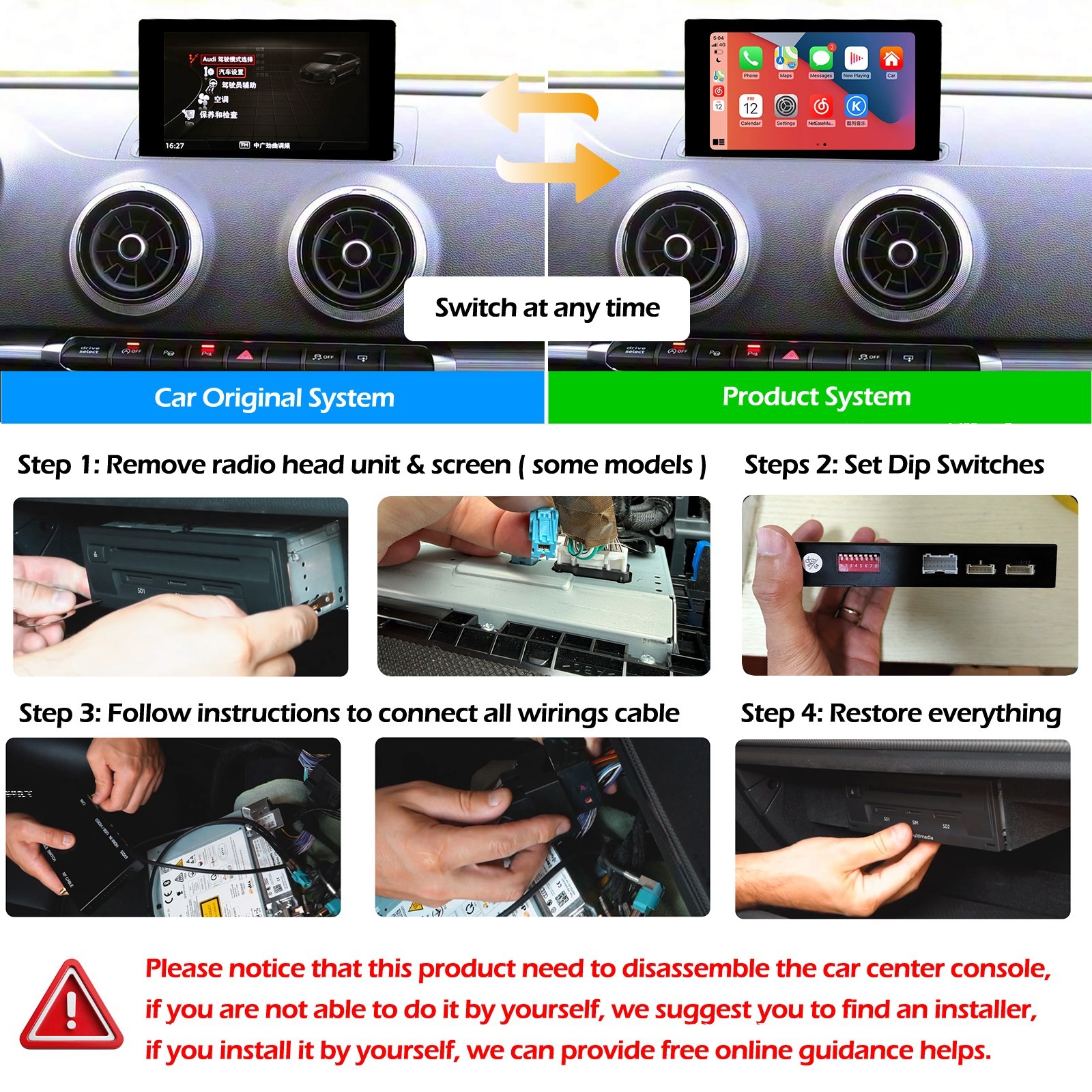 For Audi A3 A4 A5 A6 A7 A8 Q3 Q5 Q7 Wireless CarPlay Android Auto Upgrade Kit