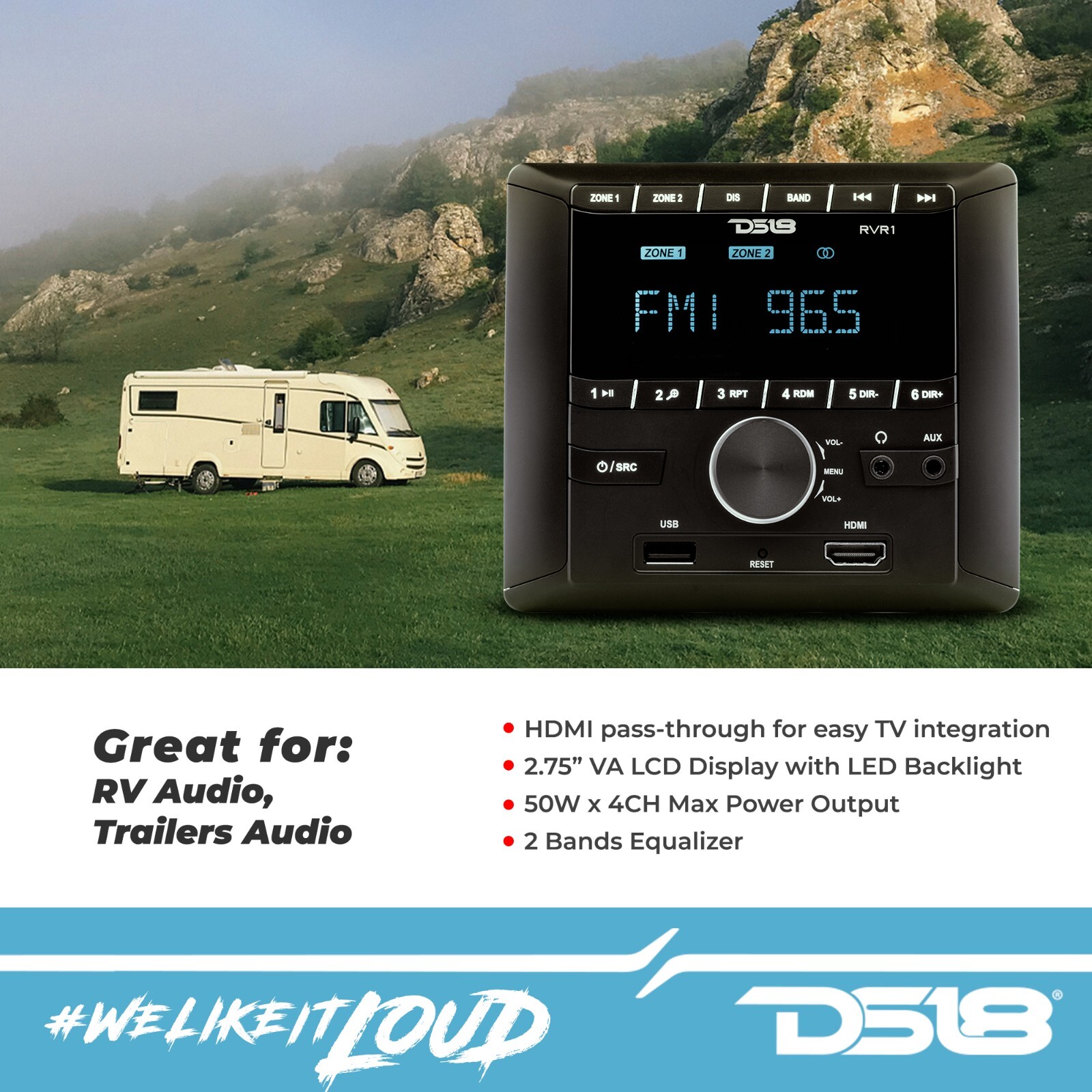 DS18 RVR1 RV Headunit LCD screen, FM/AM, BT, USB, HDMI