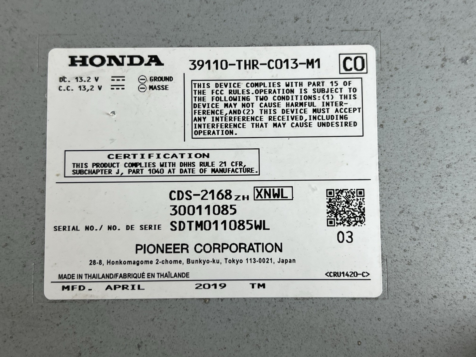 2019 HONDA ODYSSEY BLU-RAY PLAYER ASSEMBLY OEM 39110-THR-C013-M1