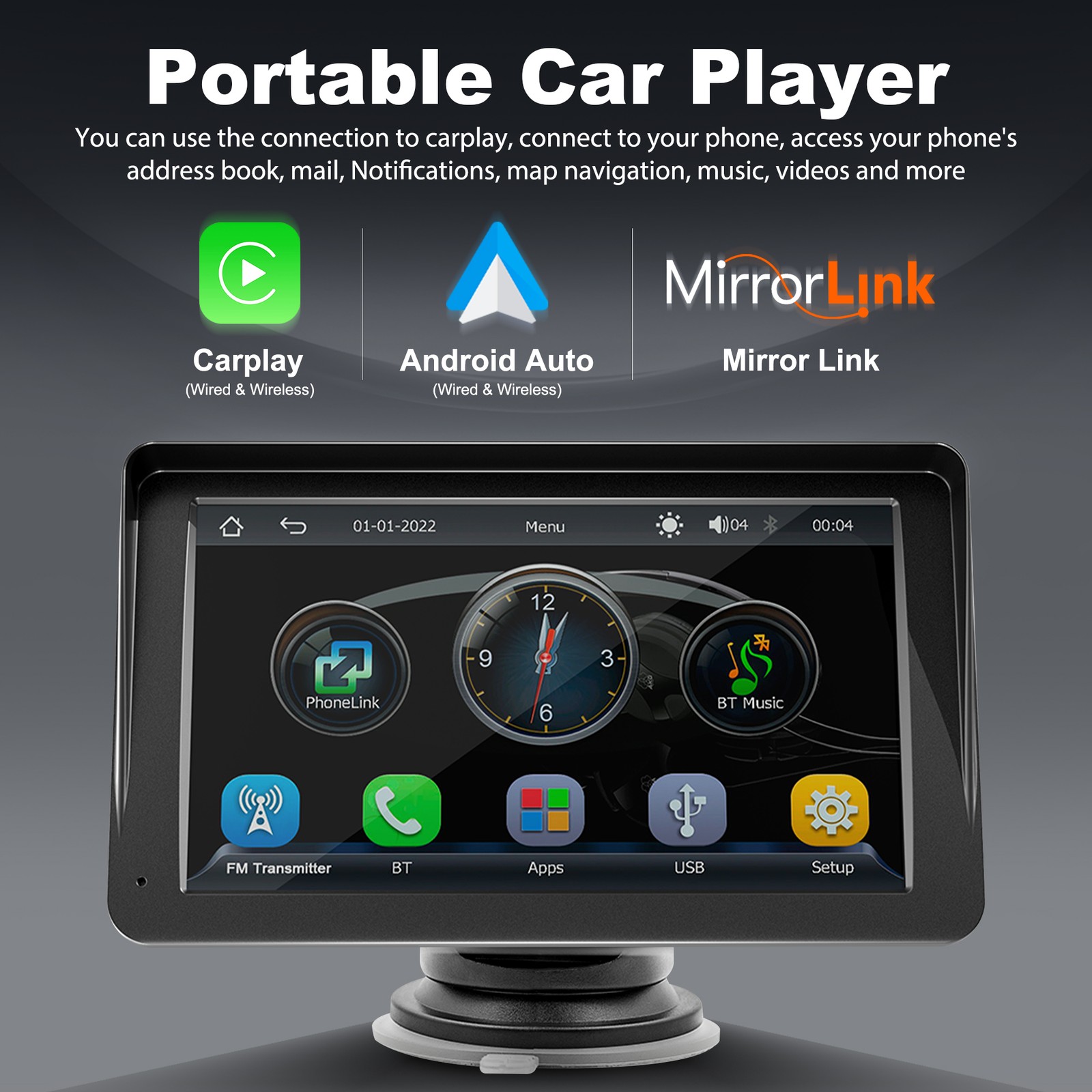 7 INCH PORTABLE WIFI WIRELESS CARPLAY & ANDROID AUTO CAR RADIO MP5 PLAYER 2 DIN