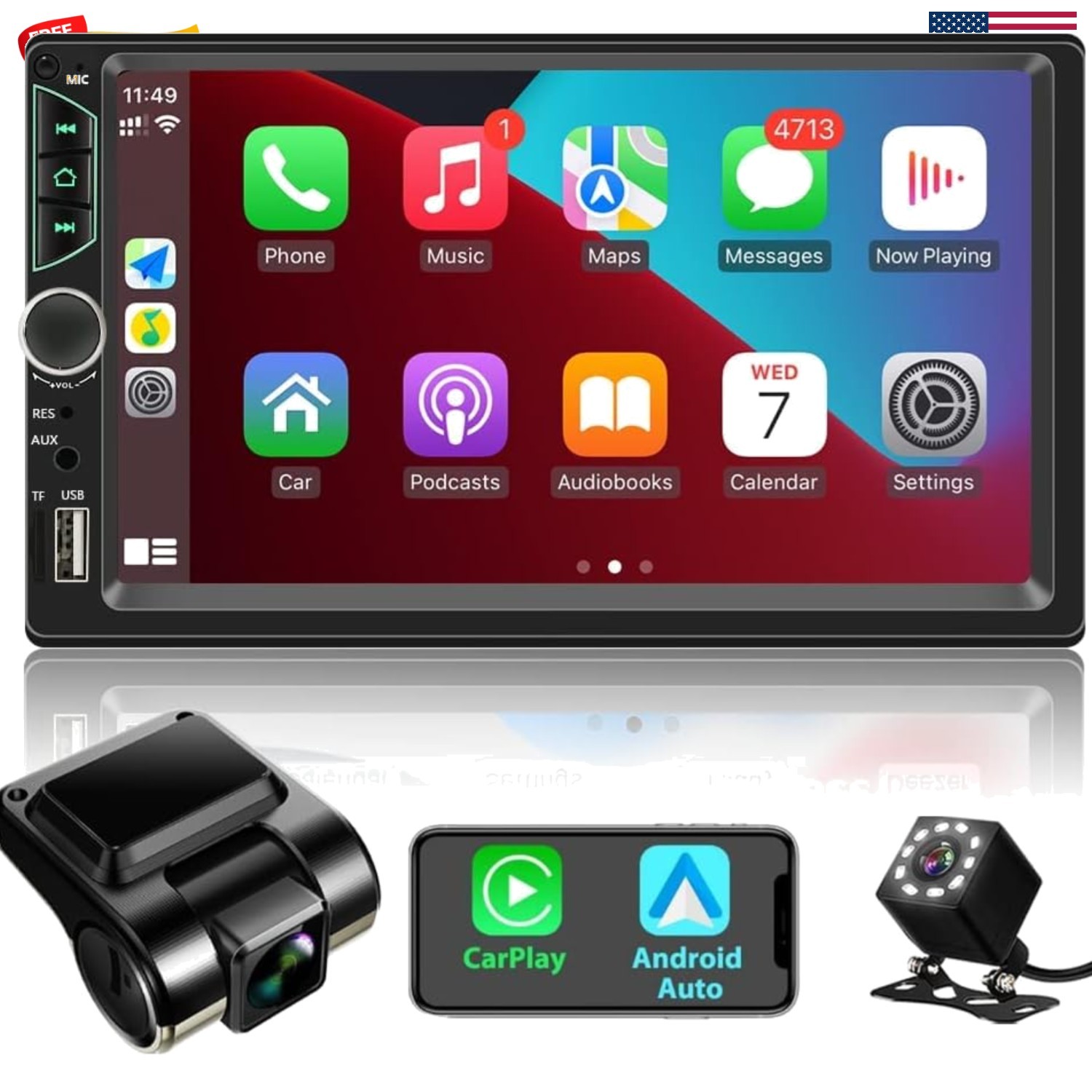Double Din Car Stereo with Dash Cam,Compatible with Apple Carplay,Android Aut…