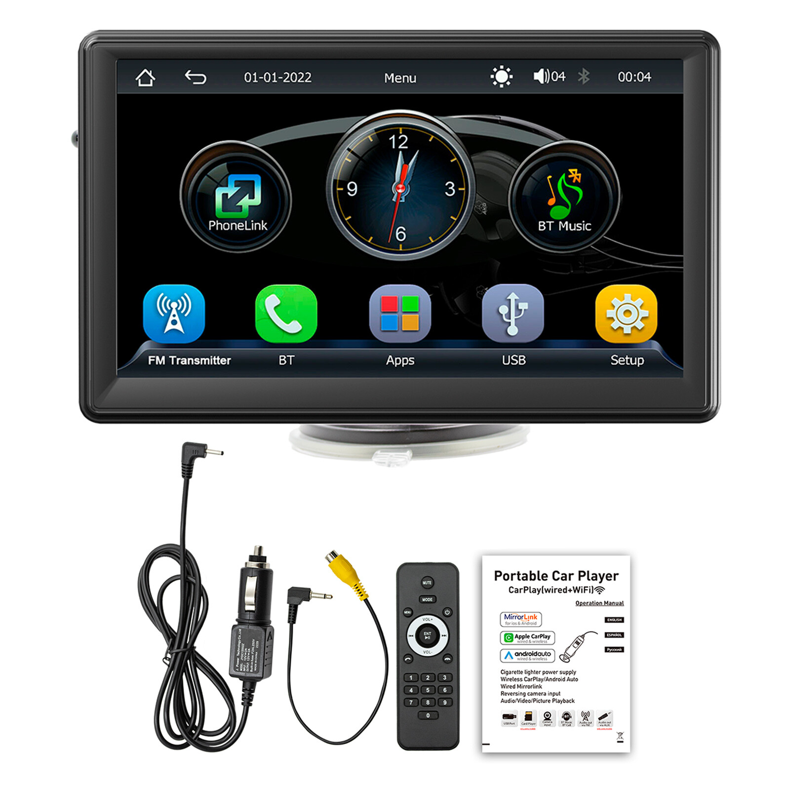 7″Portable Wireless Carplay Car MP5 Player Bluetooth Stereo Radio 4 LED Camera B