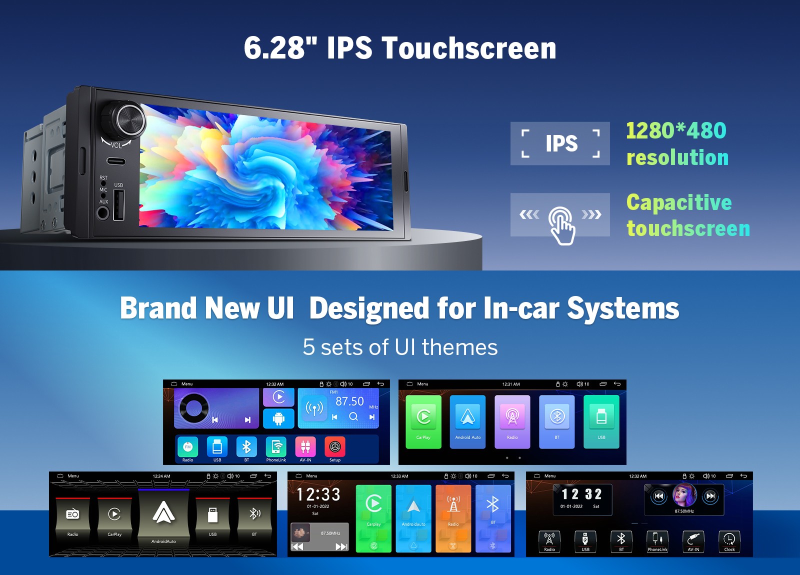 Single 1DIN 6.28″ IPS Android Auto Car Stereo Wireless CarPlay GPS Bluetooth CAM