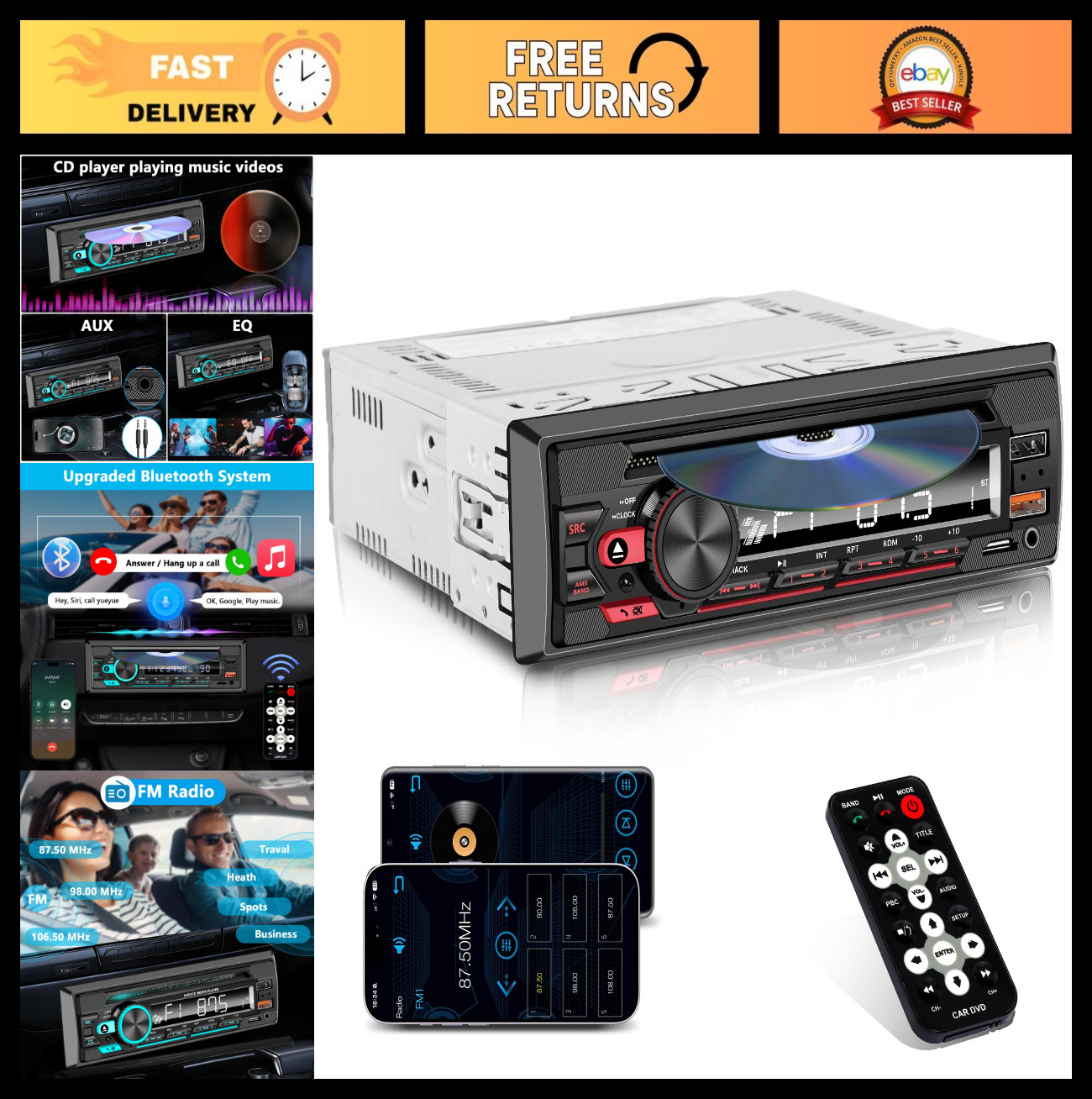 Single Din Car Stereo Radio CD/DVD Player, Bluetooth, USB, AUX, SD Card, FM, MP3