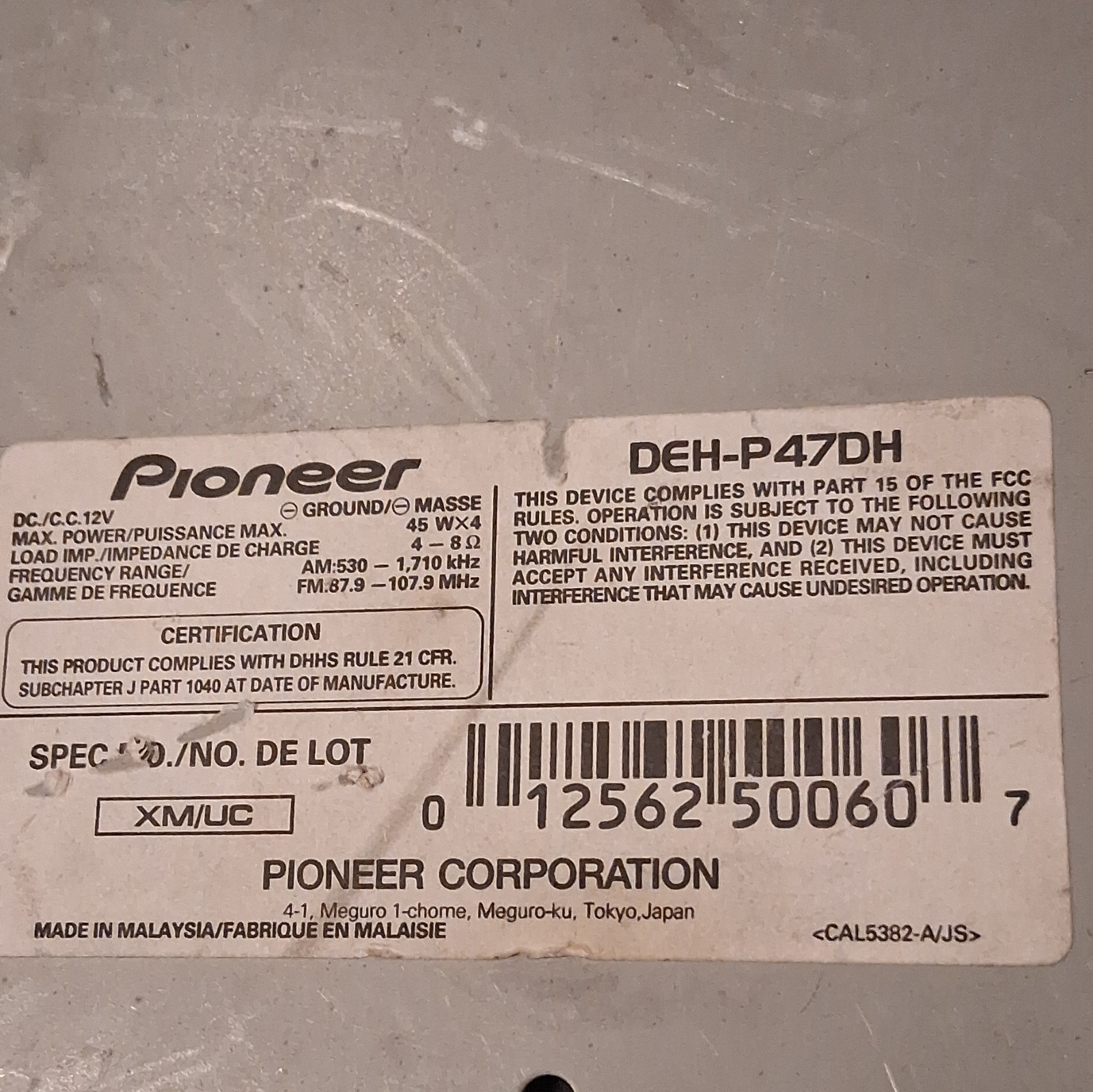 Pioneer DEH-P47DH 1 DIN In-Dash Car Radio Stereo Receiver Detachable Face