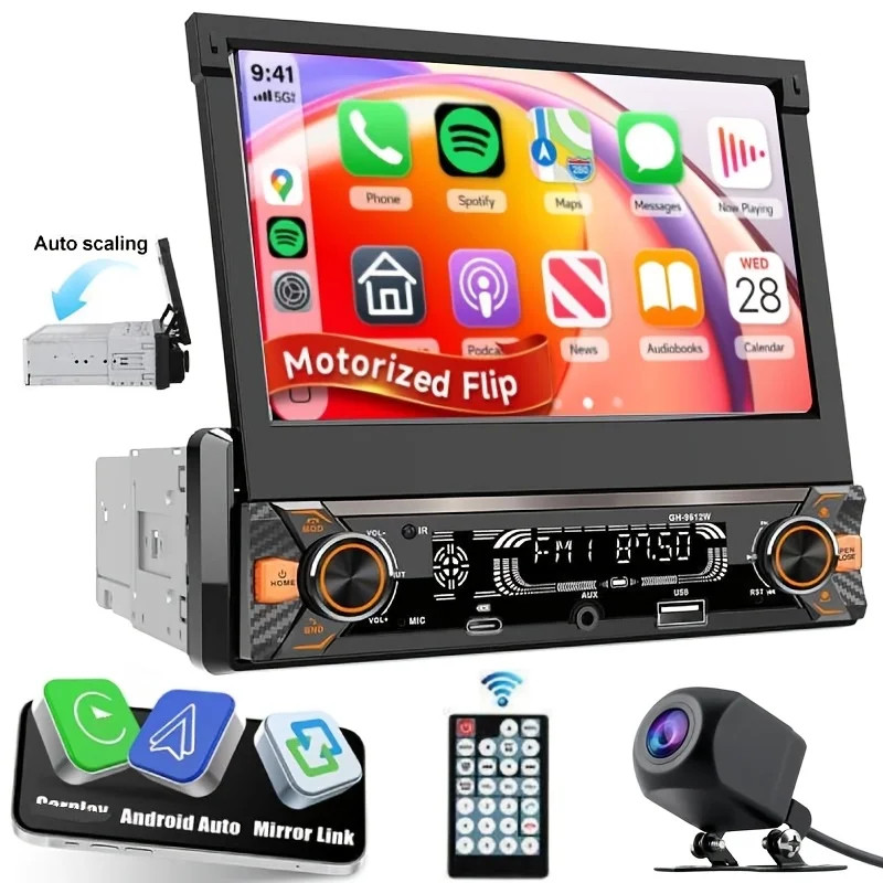 1 Din Car Stereo 7in Touchscreen MP5 Player Wired Carplayer Android Auto, BT