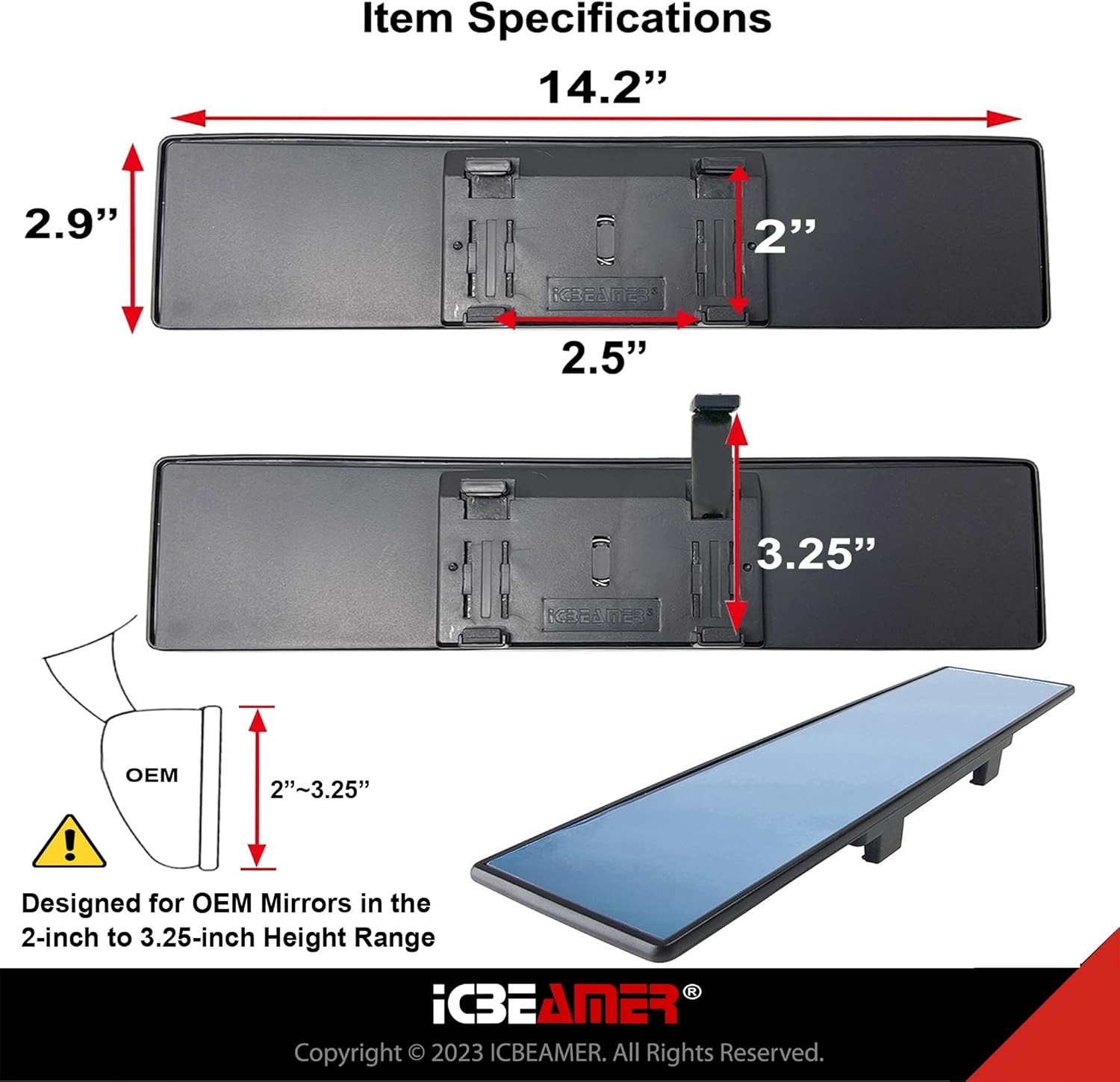 Universal 14.2″ Clip On Rear View Mirror, Flat Blue Tint Panoramic Wide Angle HD