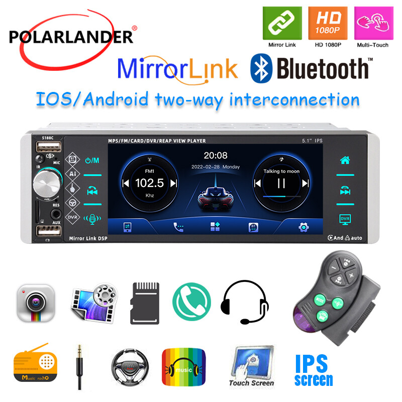 5.1” 1 Din Car Stereo CarPlay Android Touch Screen Car Radio 3USB MP5 Bluetooth