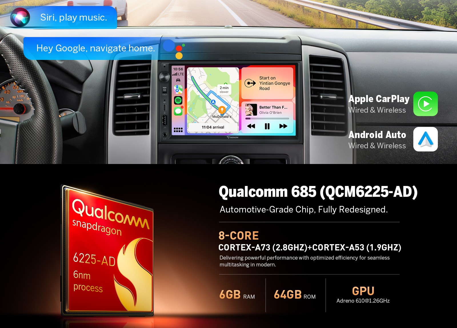 7″ QLED 6+64GB Android Auto Car Stereo Head Unit Apple CarPlay GPS Sat Nav 2 DIN