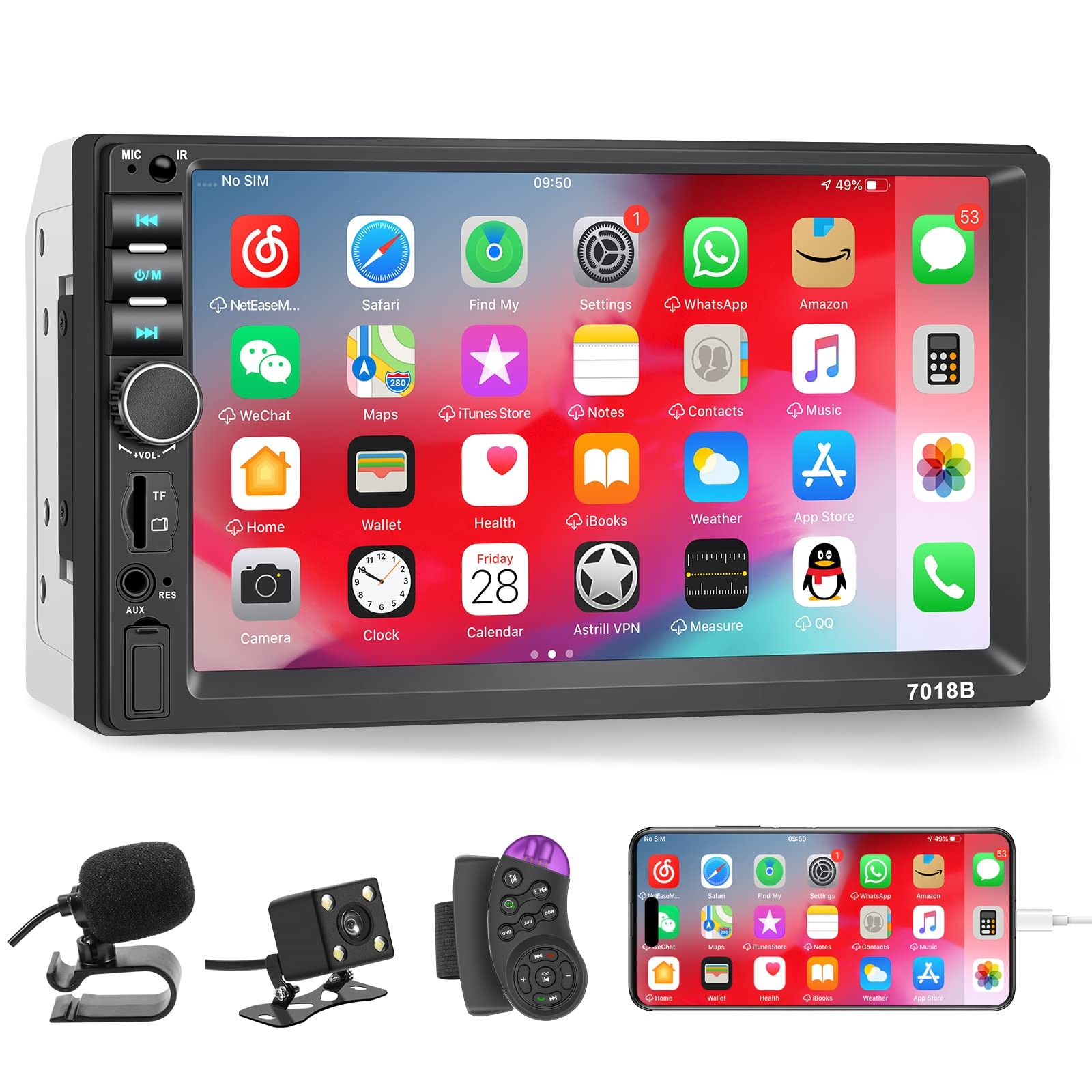 Double Din Car Stereo with Backup Camera Microphone, 7′ Black & Silver