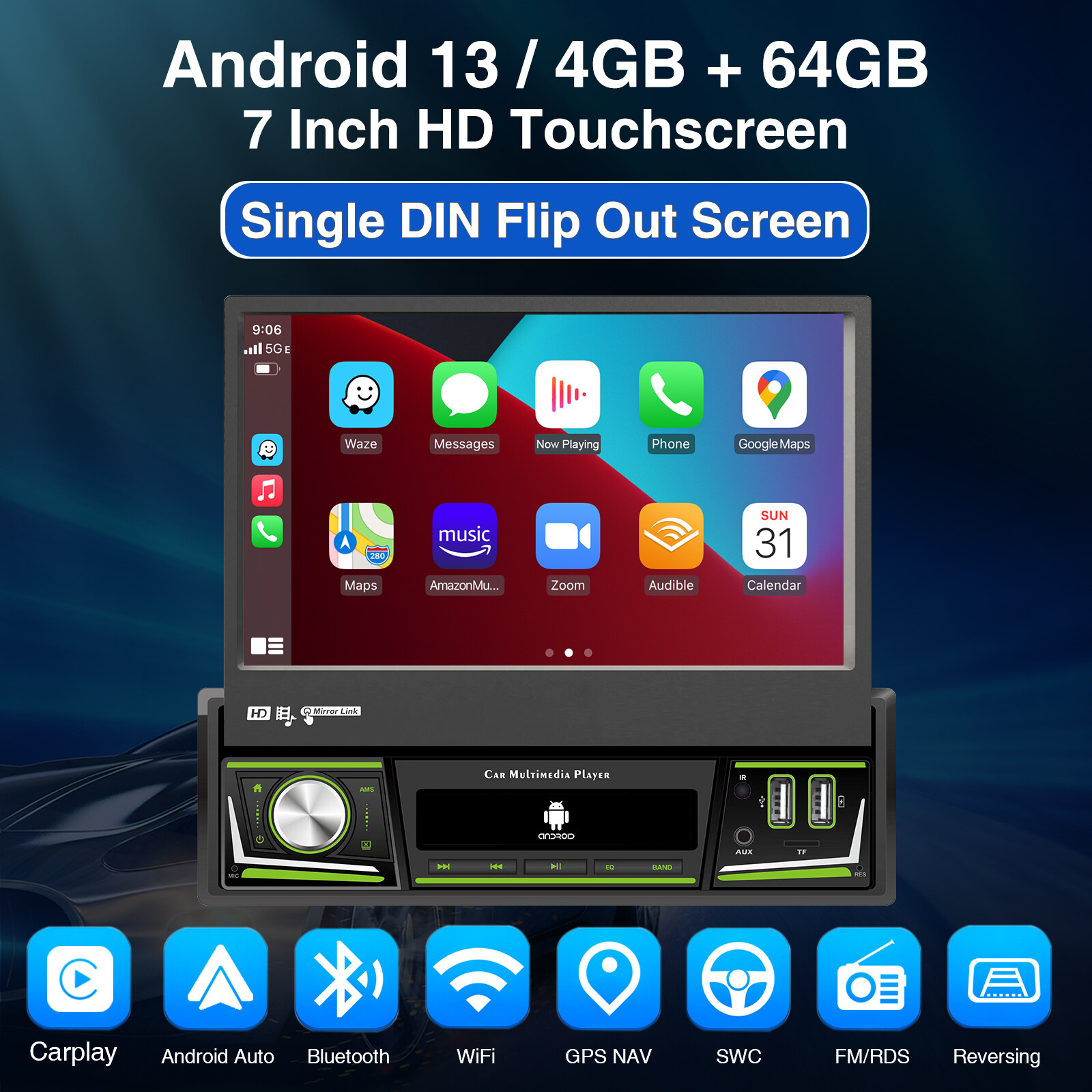4+64G 1 DIN 7″ Flip Out Android 13 Carplay Car Stereo Radio GPS Navi WIFI FM Cam