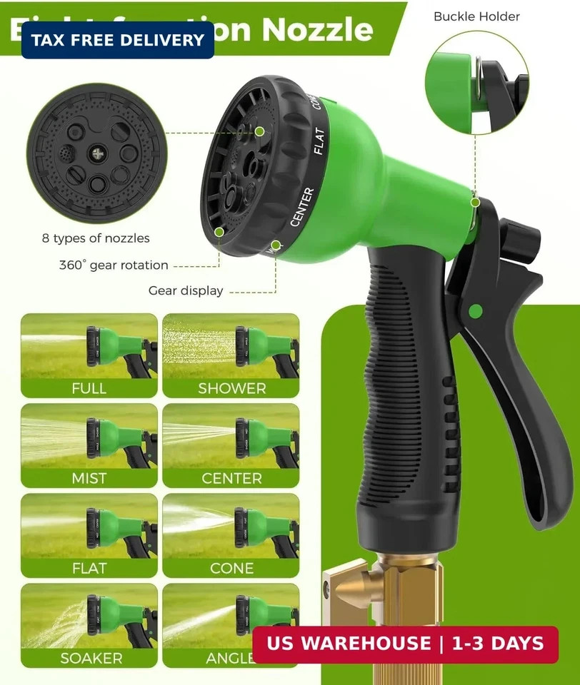 100ft Garden Hose, Non-Expandable Water Hose with 8 Function Spray Nozzle, Light