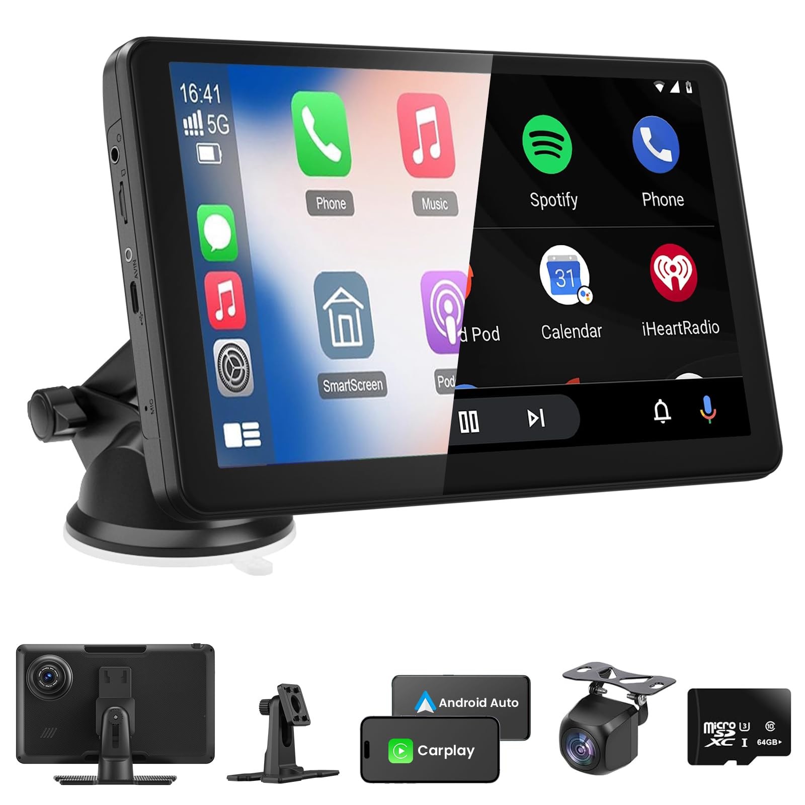 Wireless Portable Carplay Screen with 4K Dash Cam, 9″ HD Touch C