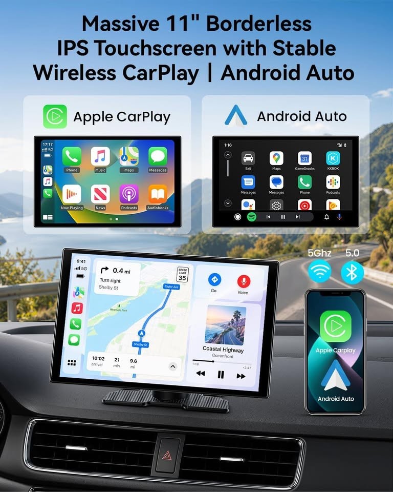11″ Wireless CarPlay Android Auto Screen w/ 4K Dash Cam
