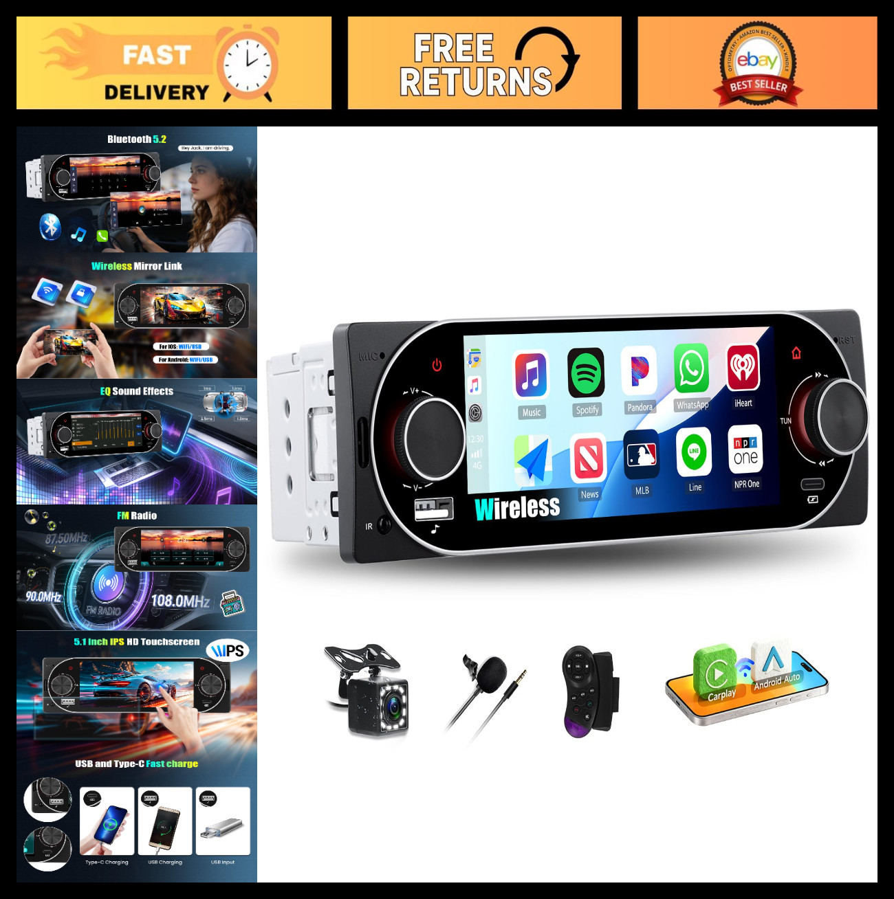 Single Din Car Stereo with Wireless Carplay & Android Auto, 5.1″ Touchscreen, Bl