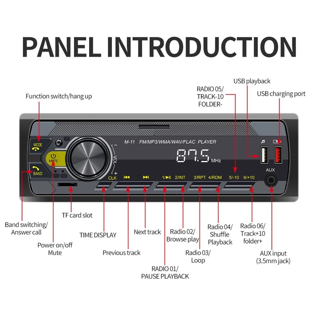 Single Din Car Radio 45W Stereo Bluetooth Receiver MP3 Player USB FM SD Input