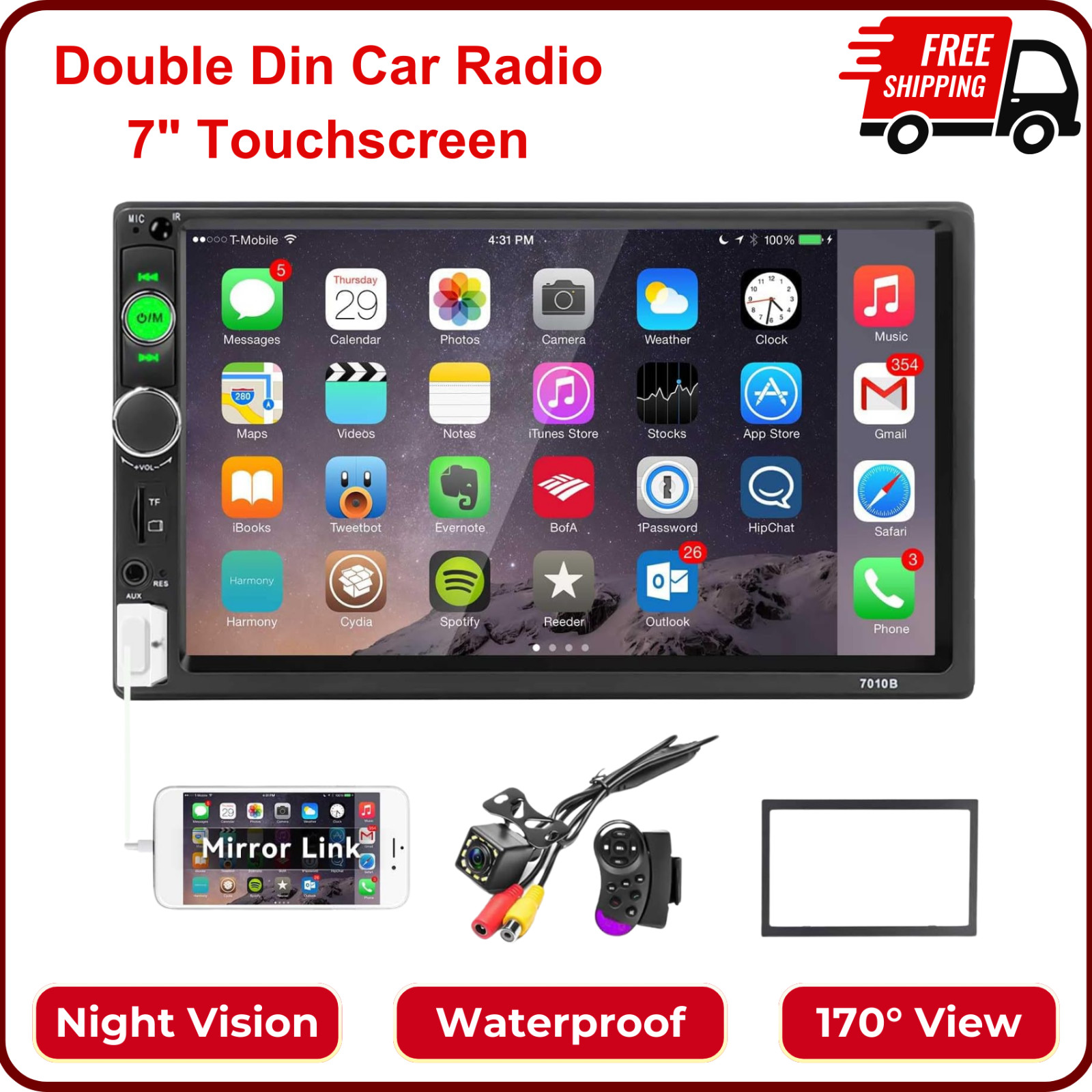 Double Din Car Stereo Radio 7 in Touch Screen Bluetooth Radio with Backup Camera