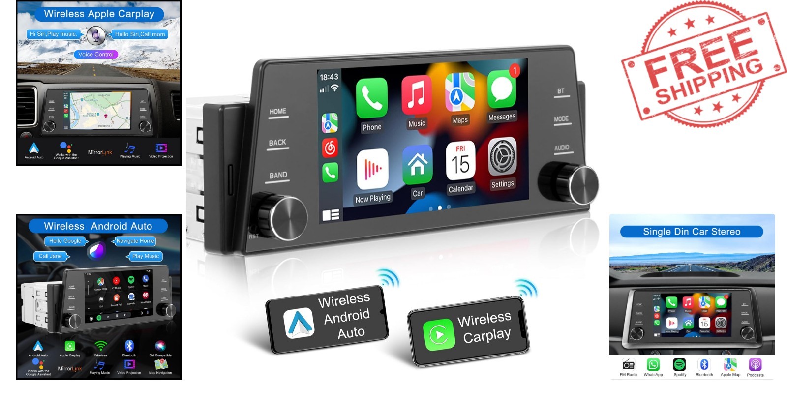 5 Inch IPS Touchscreen Single Din Car Radio with Wireless Carplay & Android Auto