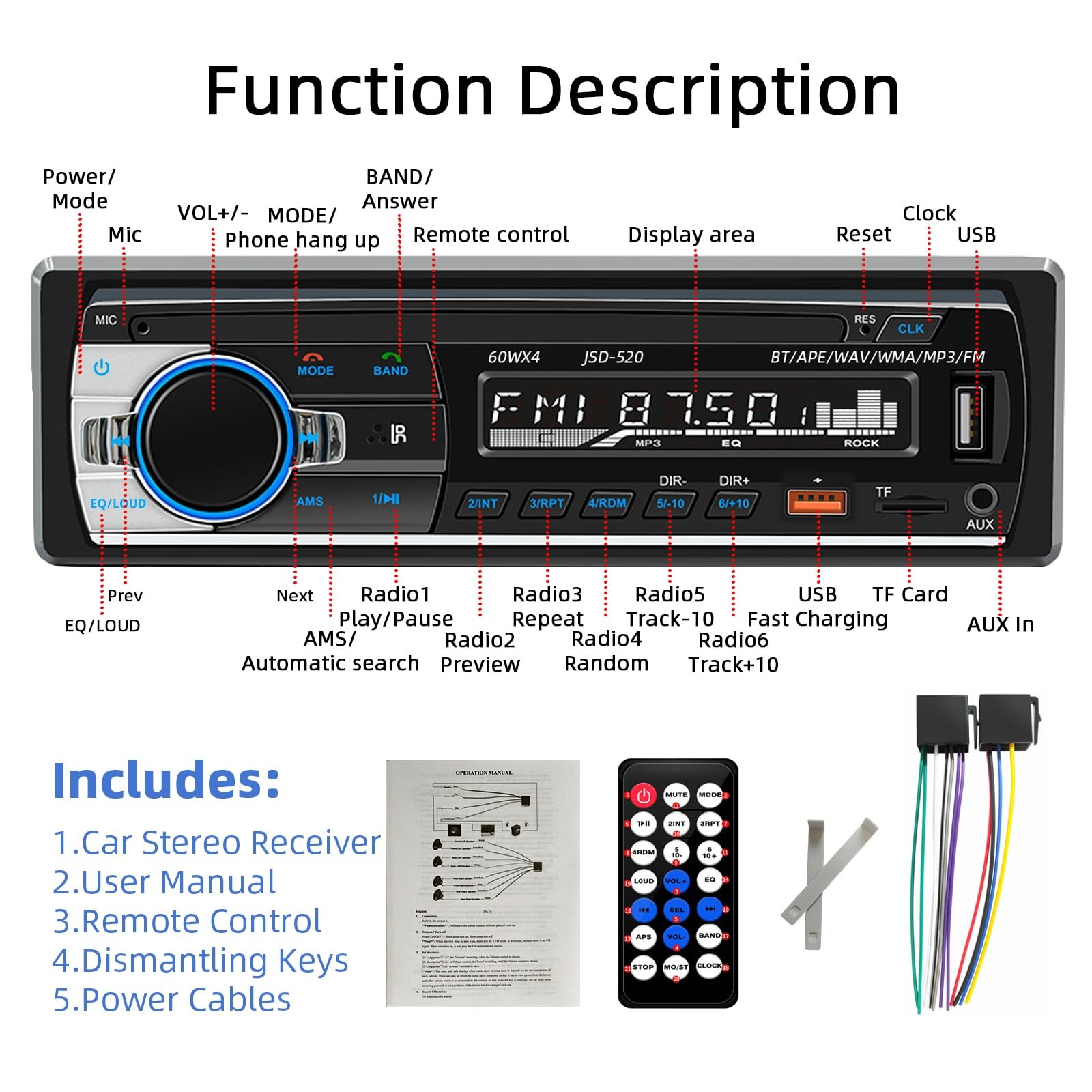Auroky JSD-530 Single DIN Car Stereo Bluetooth Audio Player Handsfree Black