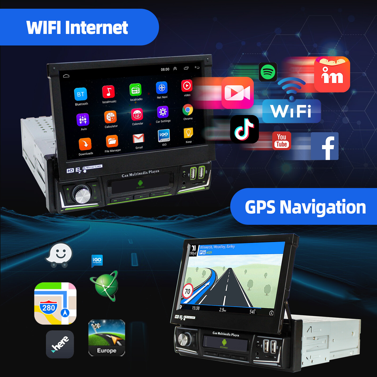 4+64G 1 DIN 7″ Flip Out Android 13 Carplay Car Stereo Radio GPS Navi WIFI FM Cam