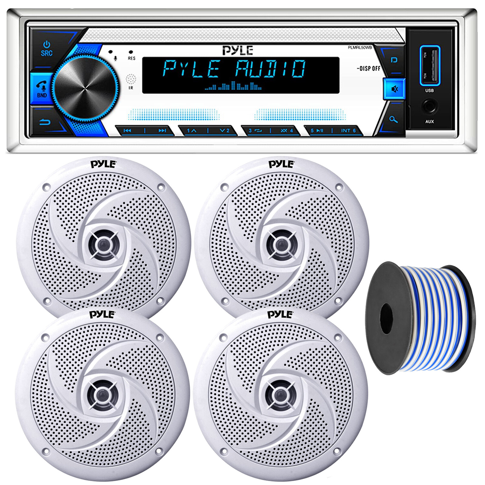 Pyle PLMRL50WB 1-Din Receiver + Remote, 4x 8″ 320W 2Way Speakers (White) + Wire
