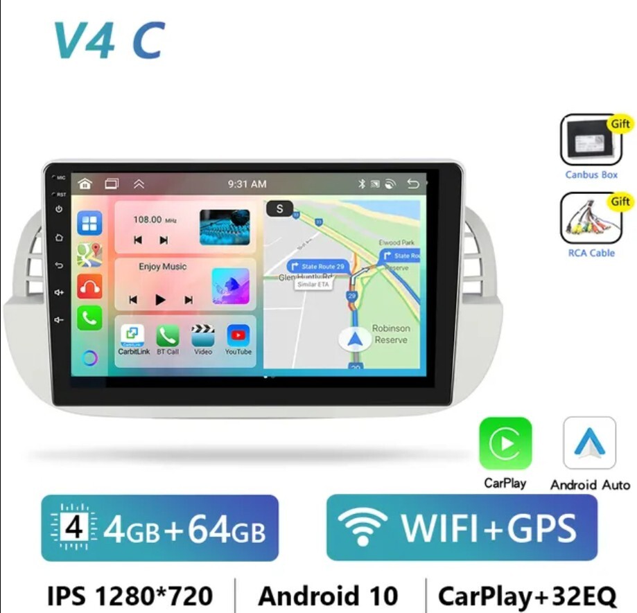 Radio For Fiat 500 9″ 2007/2015 Android Bluetooth Navigator Carplay 4/64