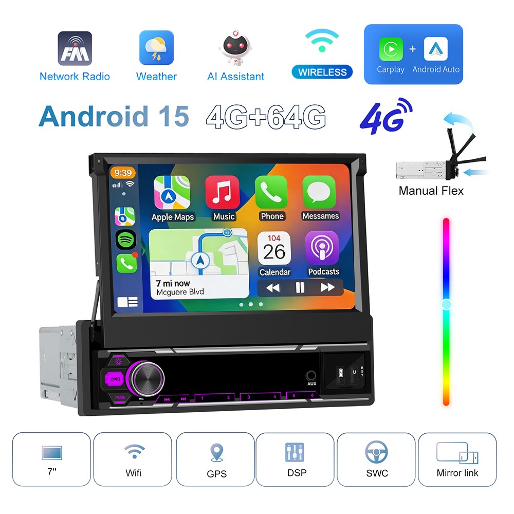 7″ 4G+64GB Car Stereo Radio 1 DIN CarPlay 8 Core Android 15 GPS Flip Out Screen