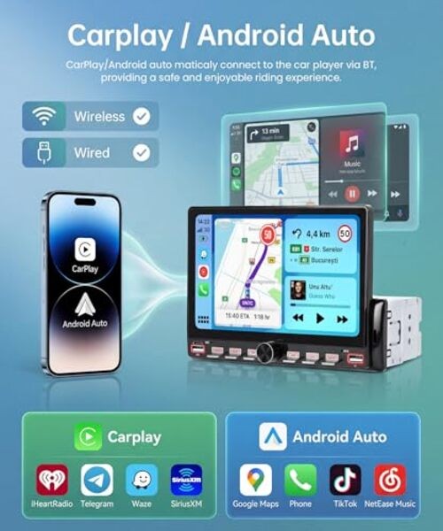 Single Din Car Stereo with Wireless CarPlay 7 Inch with Wireless CarPlay