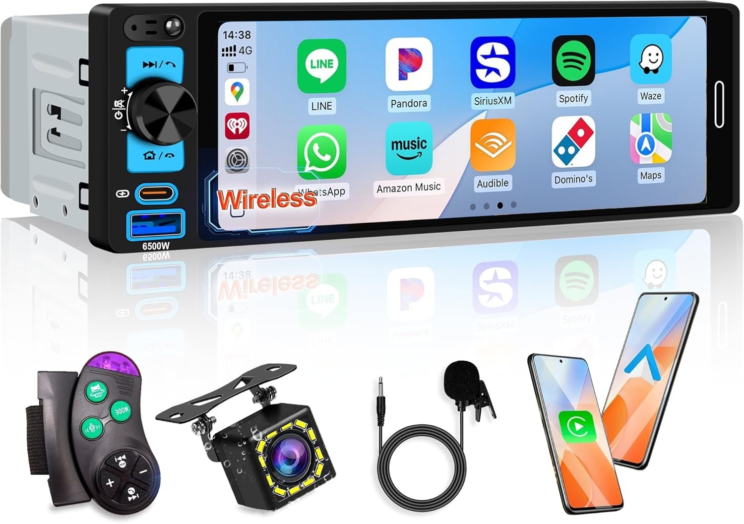 6.5” Single Din Car Stereo Receivers with Wireless Apple CarPlay, IPS Touchscree