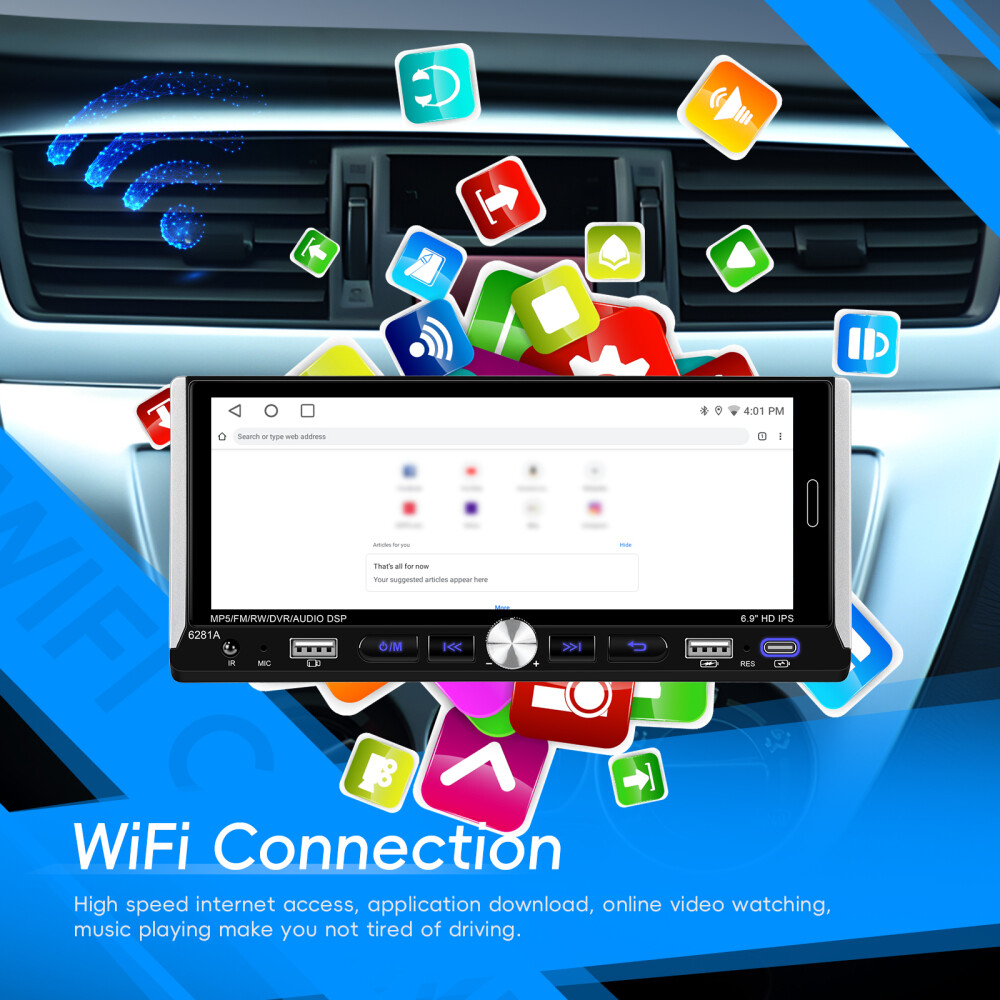 Single 1 DIN Car Radio GPS NAVI Carplay 6.9 Inch Stereo Player Android 15 2+64G