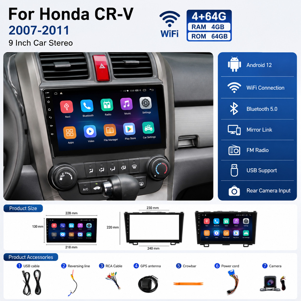 For 2007-2011 Honda CRV Android 13 Apple Carplay Car Stereo Radio GPS Navi WIFI