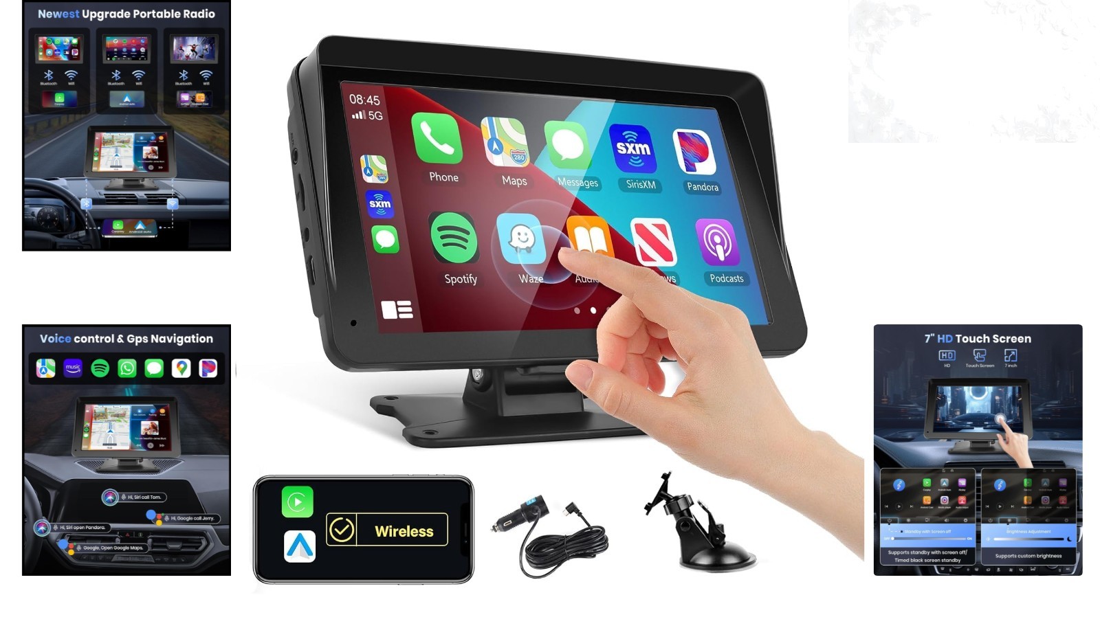 7 Inch Portable Car Stereo Bluetooth Wireless CarPlay Android Auto Touchscreen