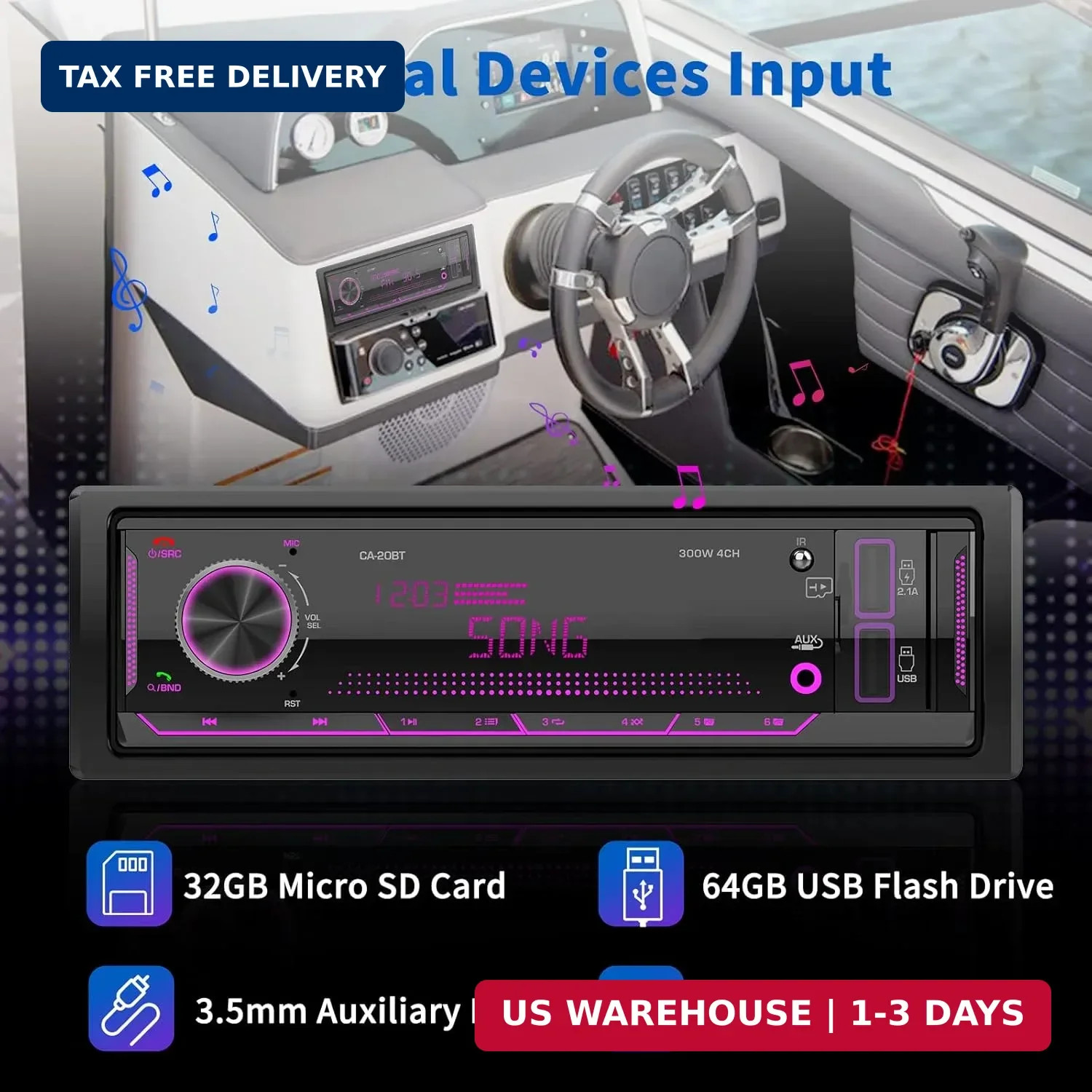 Single Din Car Stereo Receiver: Bluetooth Car Radio System – Marine Audio with L
