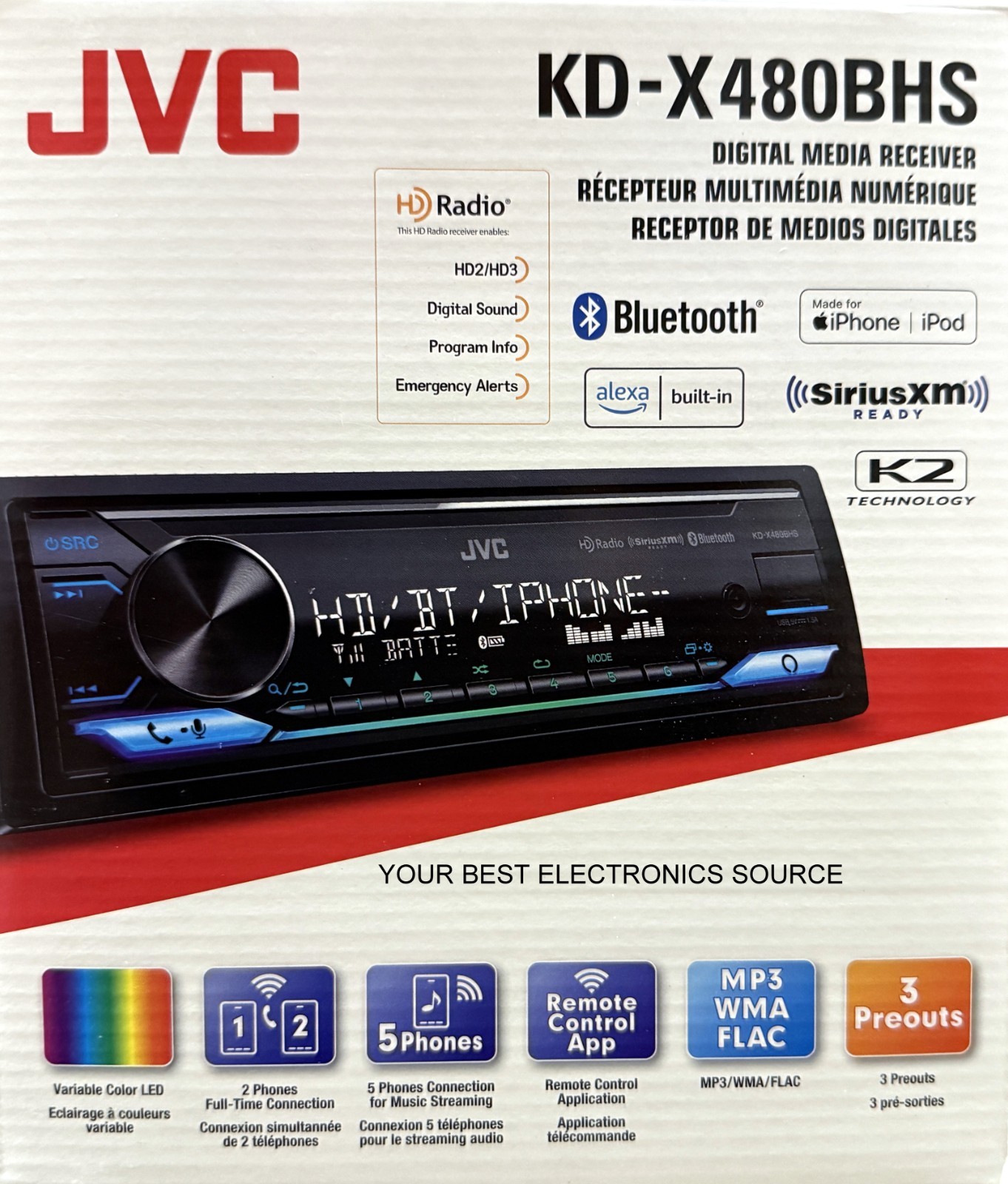 NEW JVC KD-X480BHS, 1-DIN Digital Media Receiver w/ Bluetooth, USB, HD Radio