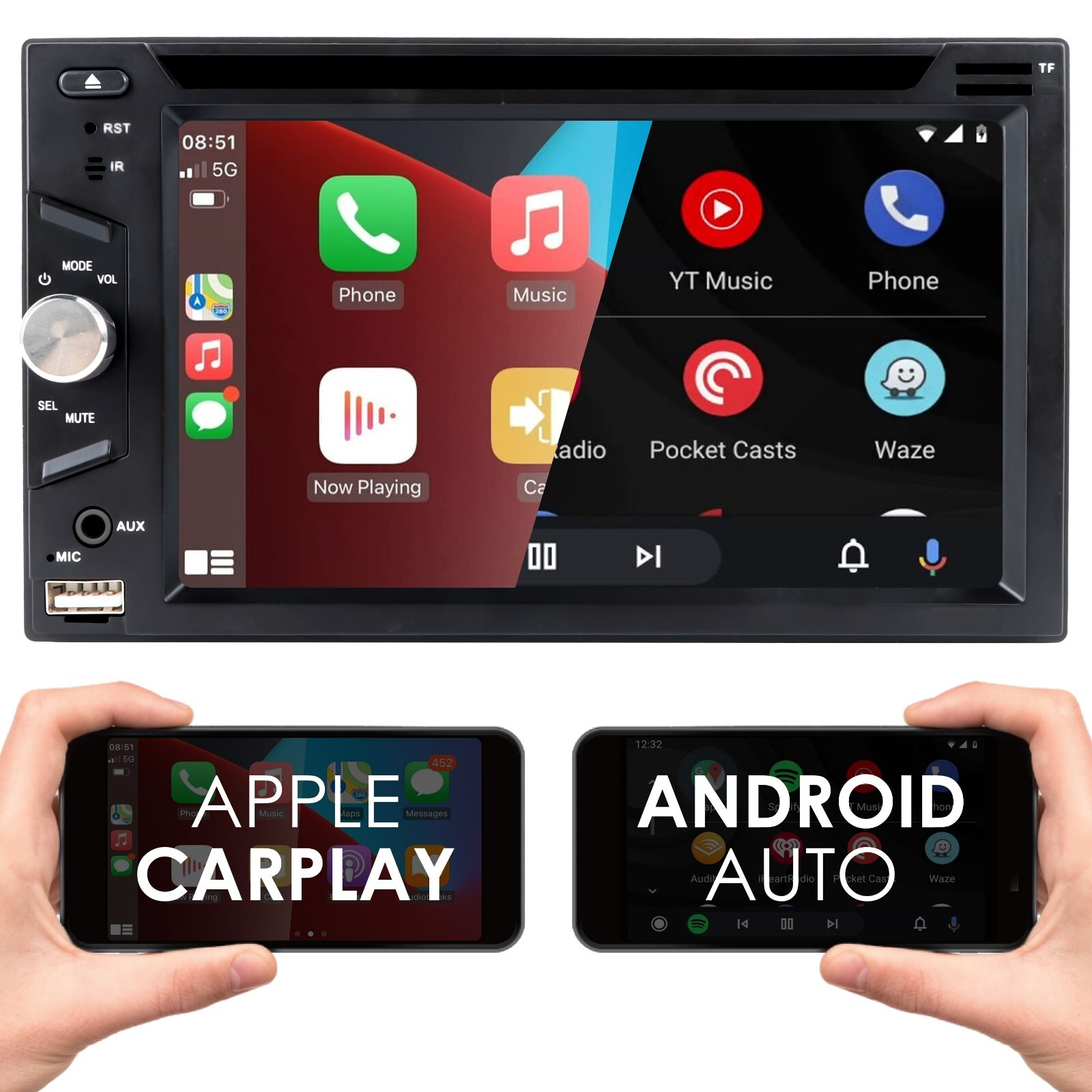 DVD Car Stereo Receiver Work w/ Bluetooth, Apple CarPlay, Android Auto, CAM PK1