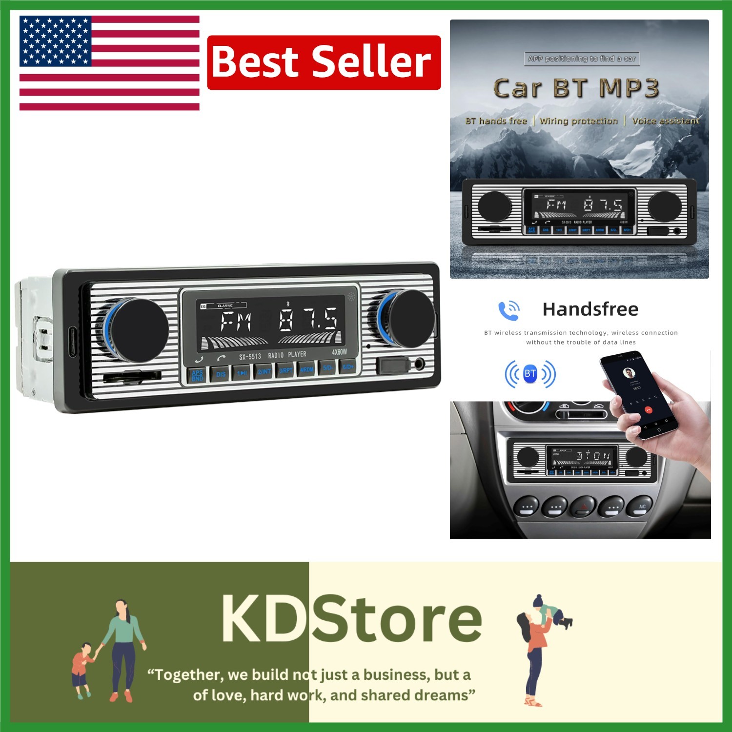 Vintage-Inspired 7-Inch Bluetooth Car Stereo with FM Radio & Remote