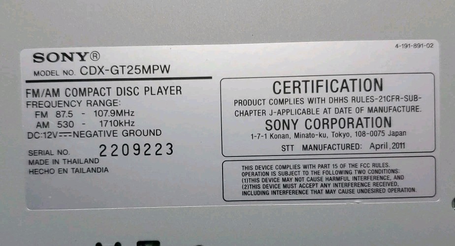Sony Xplod (CDX-GT25MPW) Car FM/AM Stereo, CD Player & MP3 – Tested, Pre-Owned