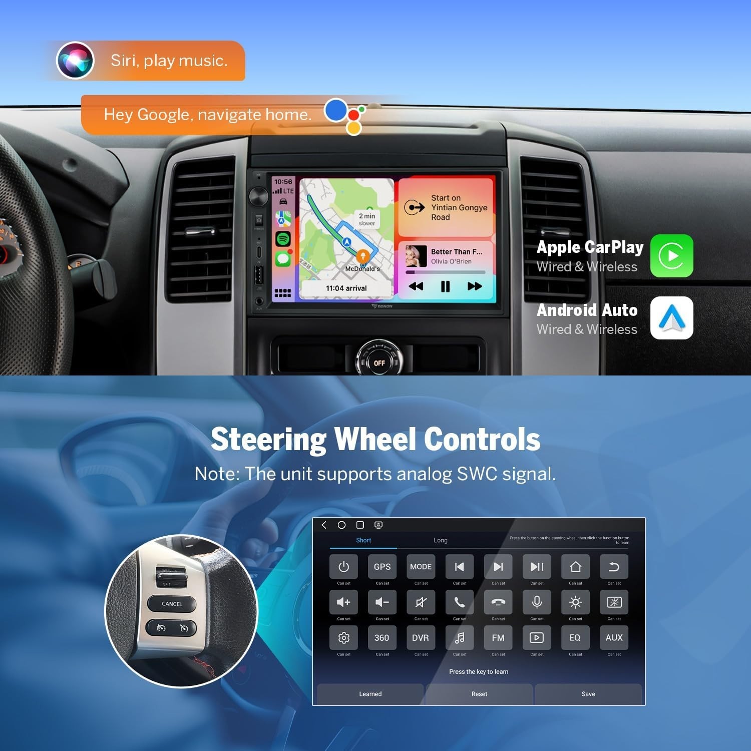 EONON 7″ 8Core 6+64GB Android Auto Carplay 2-Din Stereo; Free Backup Camera
