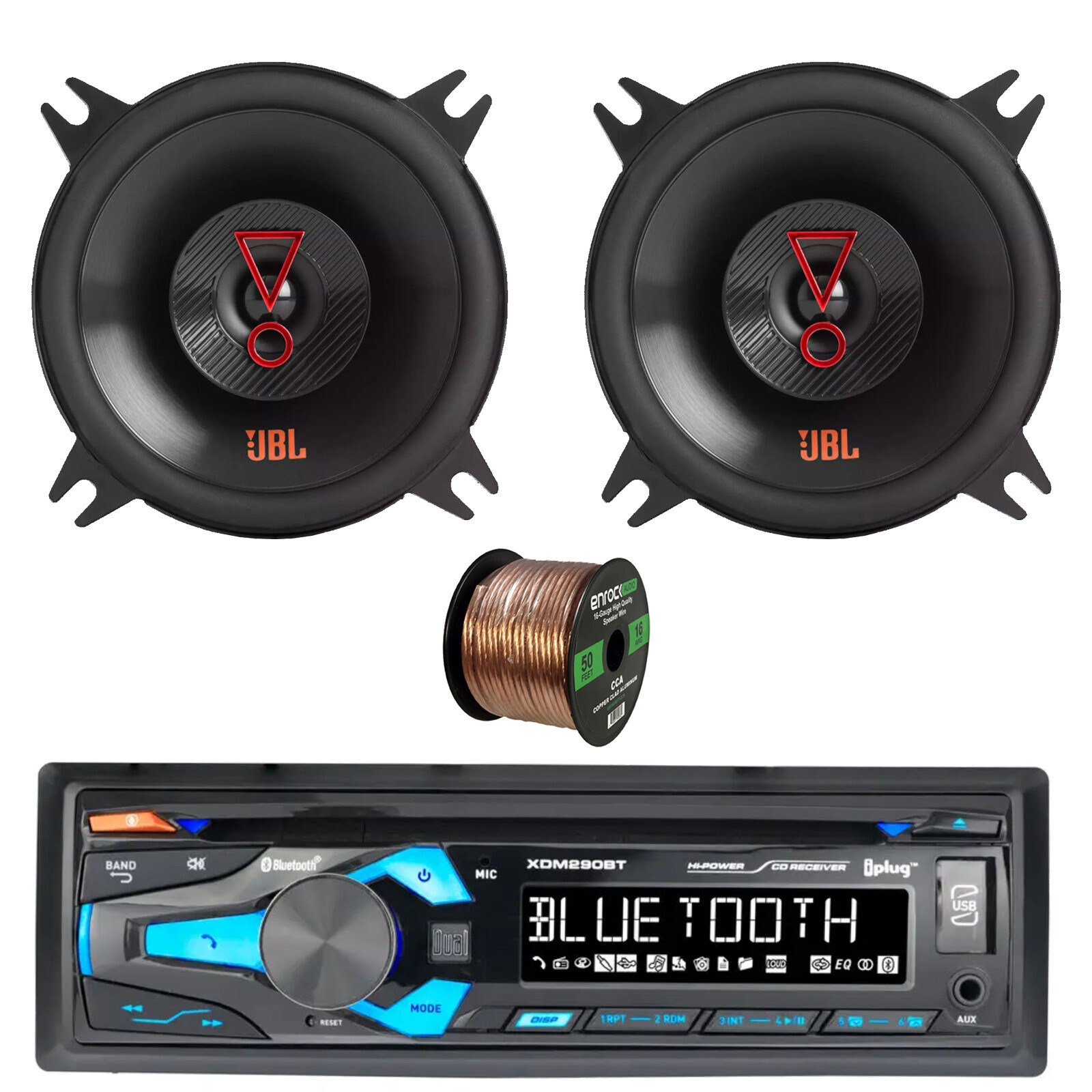 Dual Single DIN Bluetooth CD Stereo Receiver, 2x 4″ 150W Car Speakers, Wire