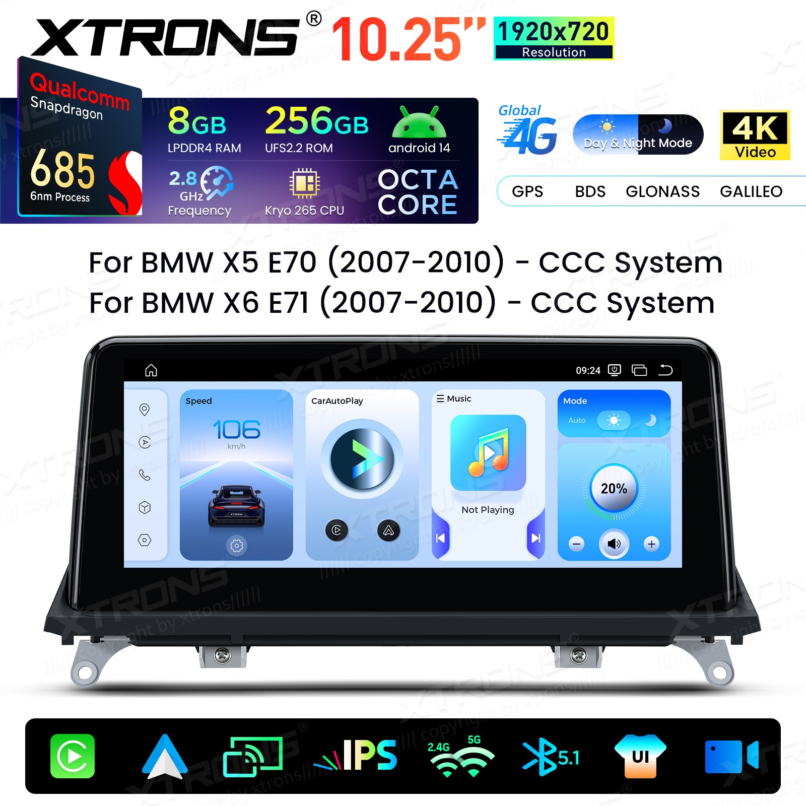 8-Core 8+256G 4G Android 14 Car Screen Retrofit Stereo For BMW X5 X6 E70 E71 CCC