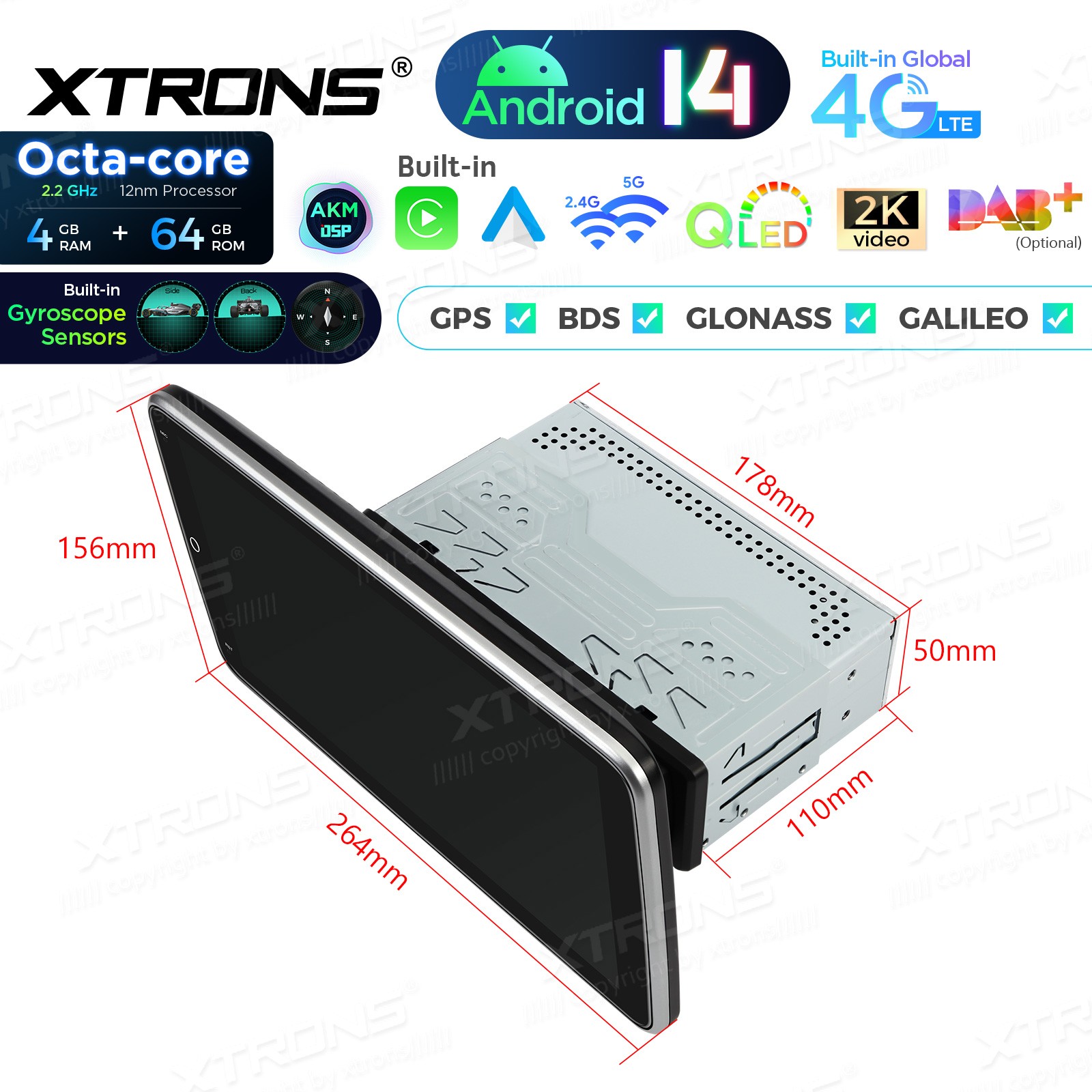 10.1″ Rotatable Screen 1-DIN 8Core Android 13 64GB Car Play Stereo GPS Radio DSP